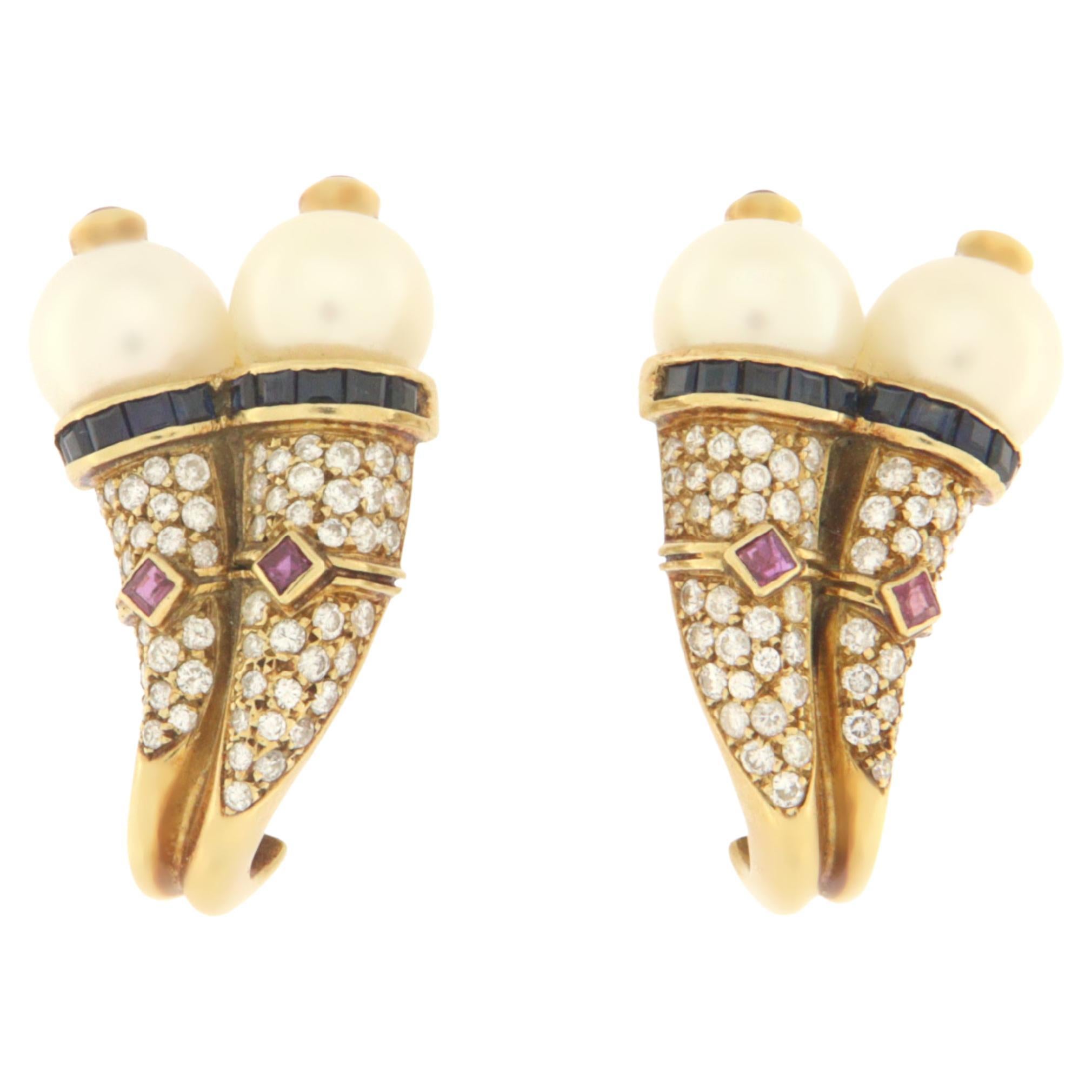 Handcraft Pearls 18 Karat Yellow Gold Diamonds Rubies and Sapphire Stud Earrings