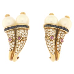 Vintage Handcraft Pearls 18 Karat Yellow Gold Diamonds Rubies and Sapphire Stud Earrings