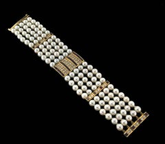Handcraft Japan Pearls 14 Karat Yellow Gold Diamonds Ruby Cuff Bracelet
