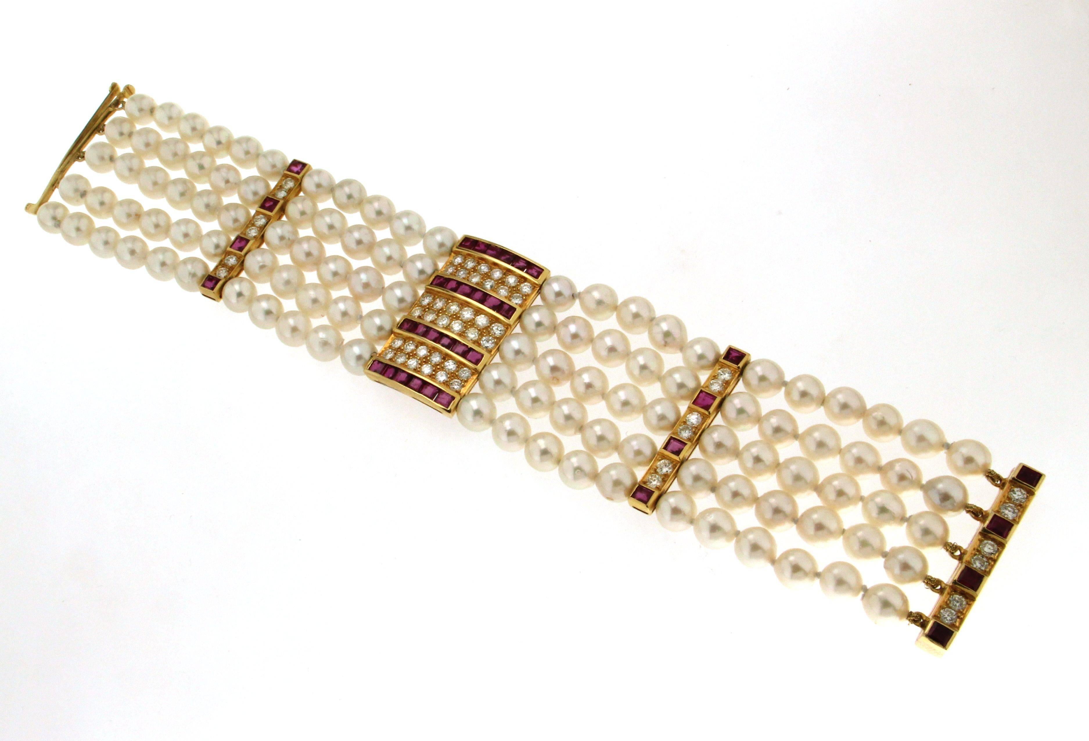 Artisan Handcraft Japan Pearls 18 Karat Yellow Gold Diamonds Ruby Cuff Bracelet For Sale