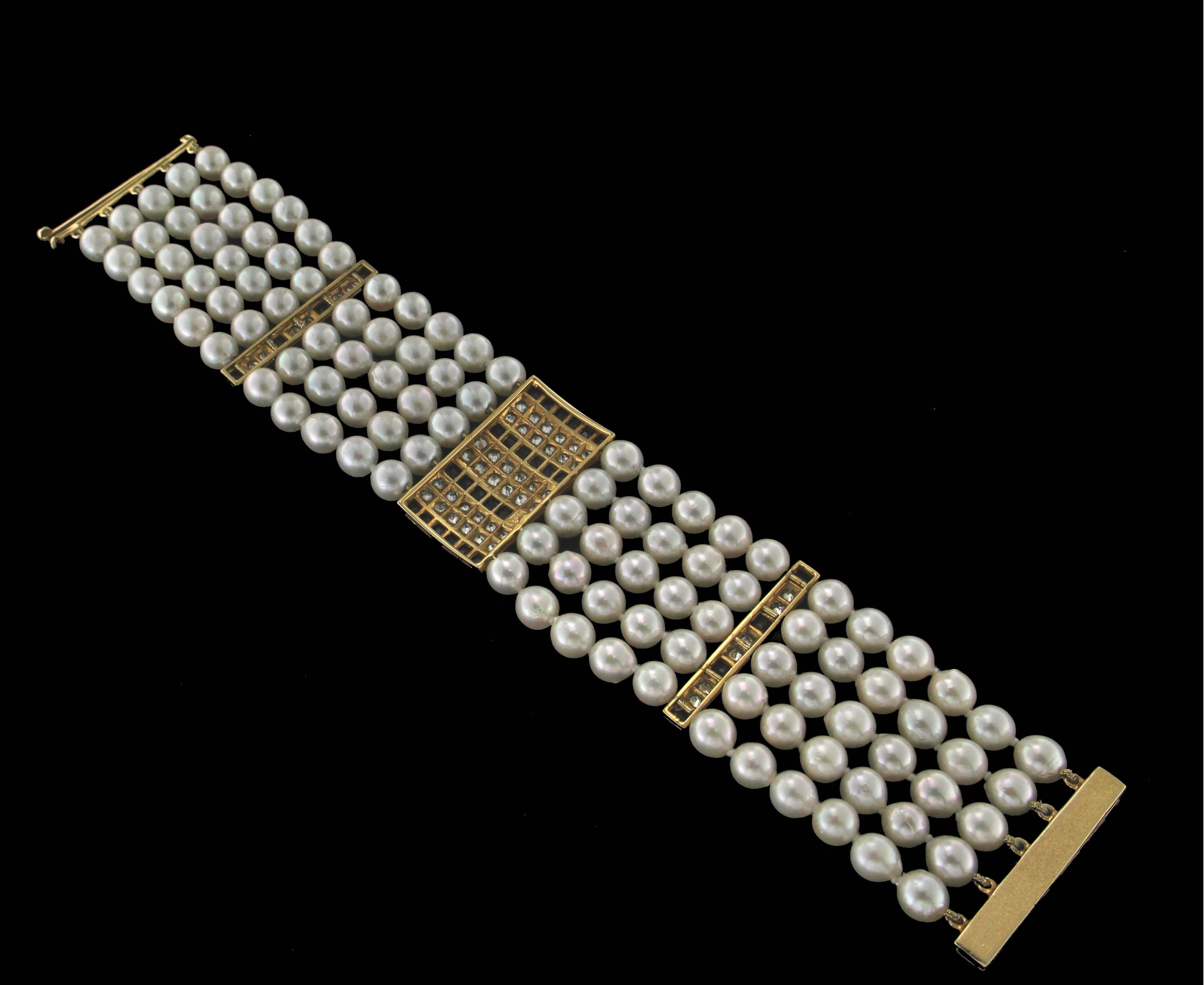 Handgefertigtes Manschettenarmband mit Japanperlen aus 18 Karat Gelbgold mit Diamanten und Rubin (Brillantschliff) im Angebot