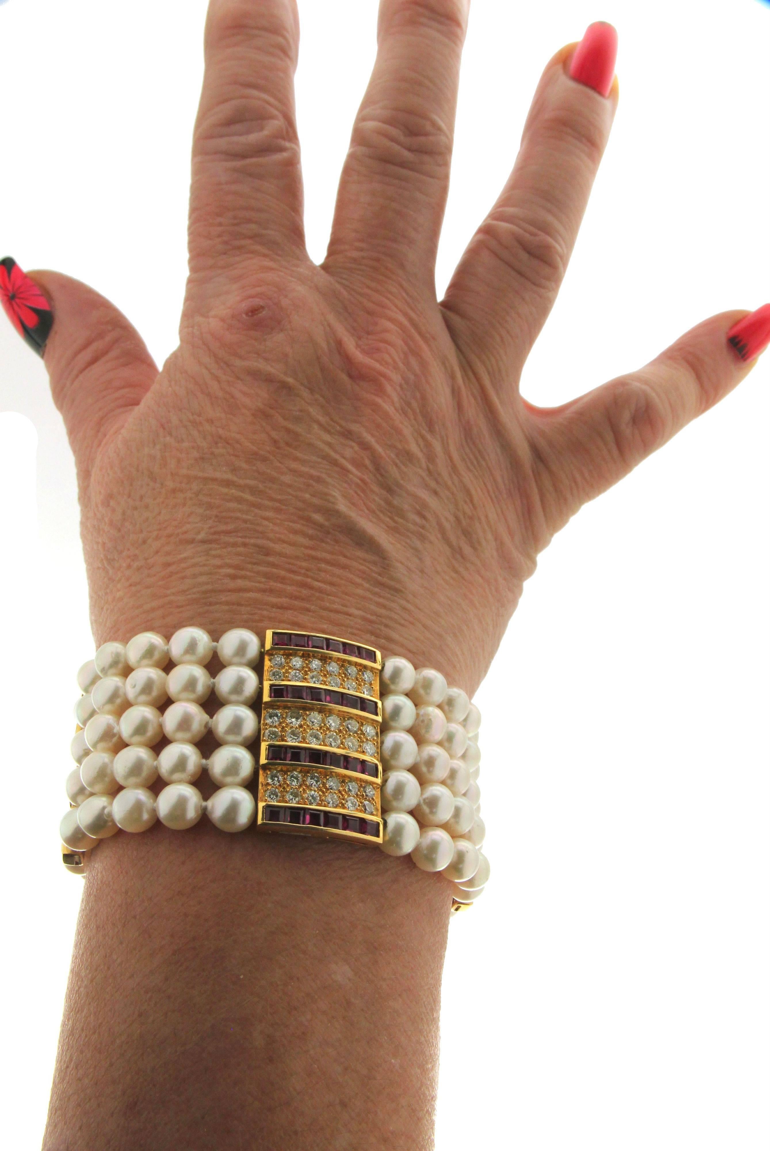 Women's or Men's Handcraft Japan Pearls 18 Karat Yellow Gold Diamonds Ruby Cuff Bracelet For Sale