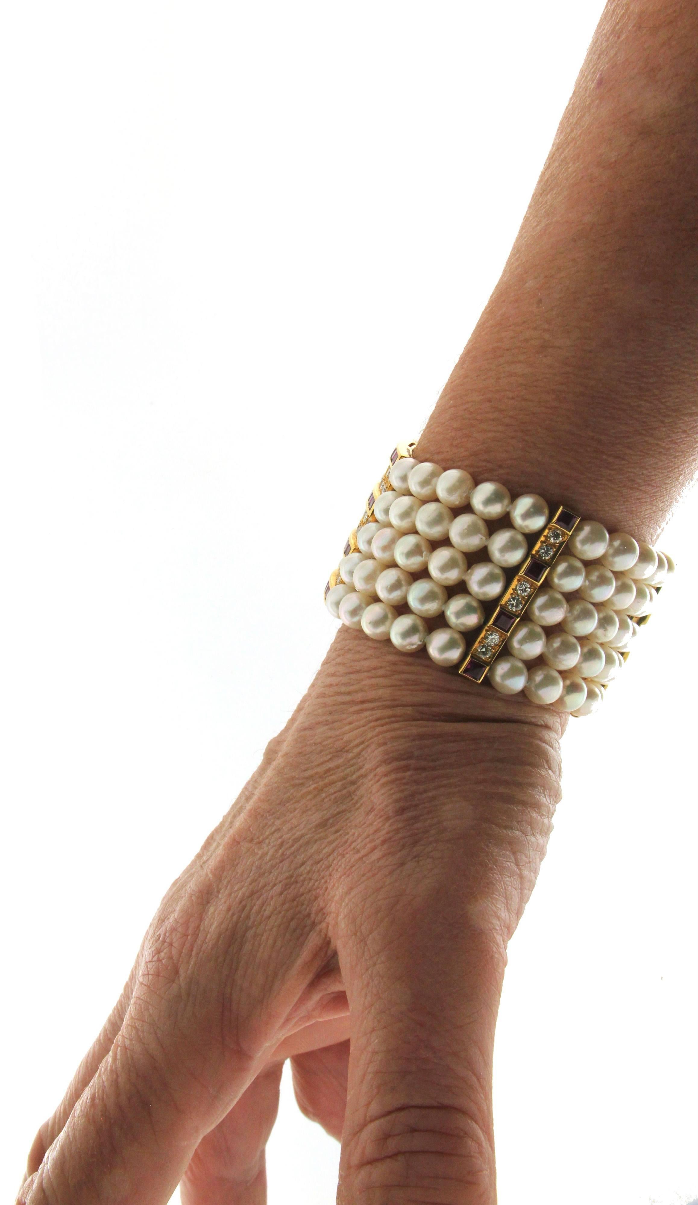 Handcraft Japan Pearls 18 Karat Yellow Gold Diamonds Ruby Cuff Bracelet For Sale 1