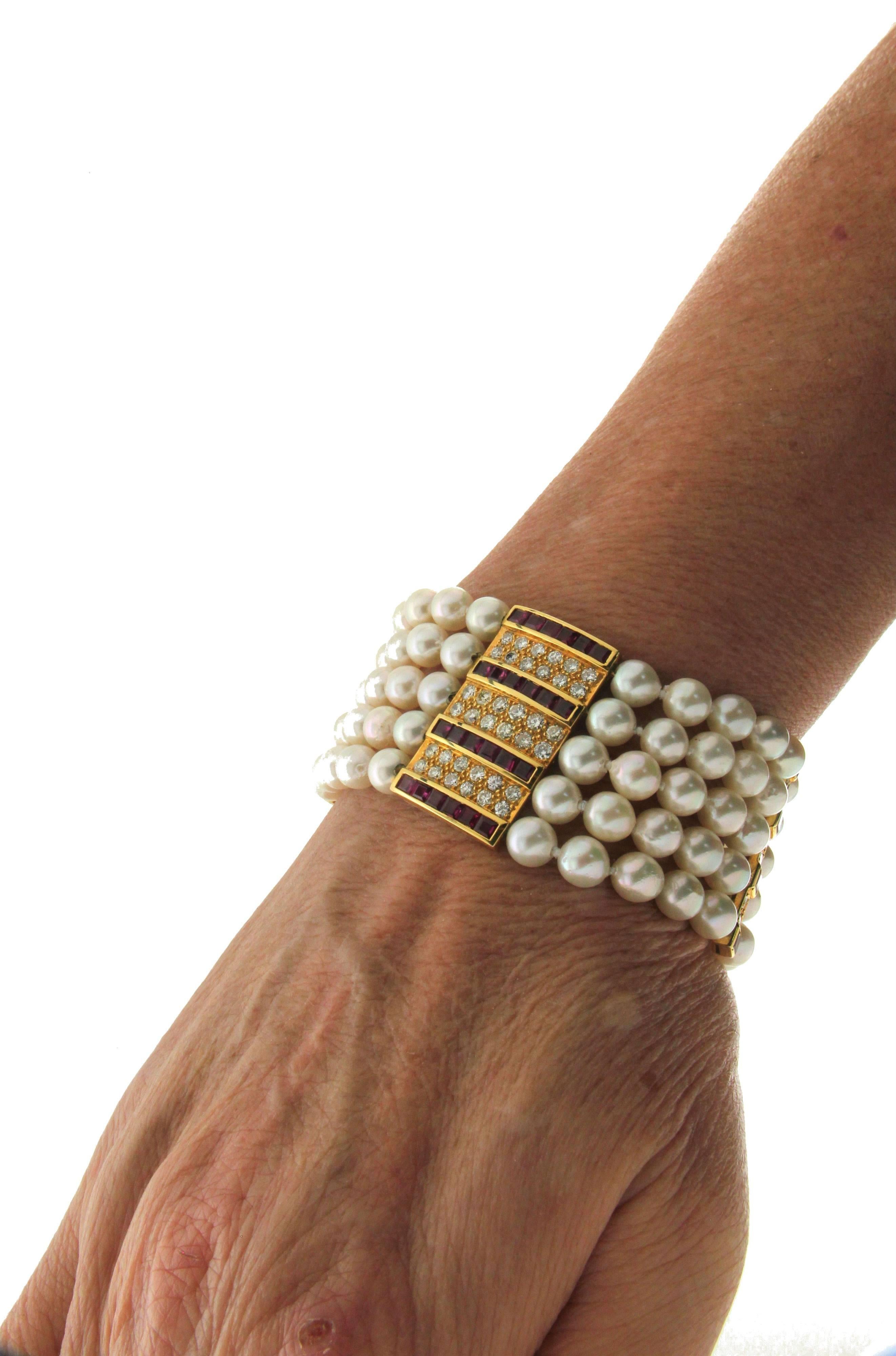 Handcraft Japan Pearls 18 Karat Yellow Gold Diamonds Ruby Cuff Bracelet For Sale 2