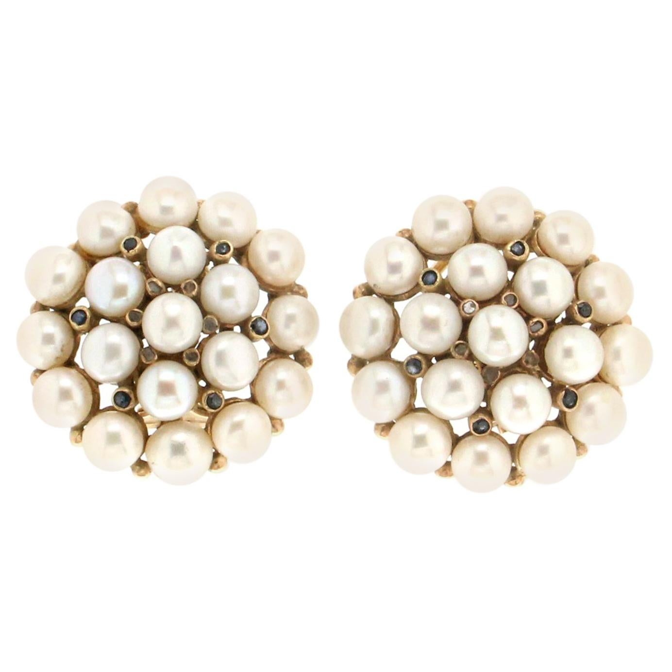 Handcraft Freshwater Pearls 18 Karat Yellow Gold Diamonds Stud Earrings For Sale