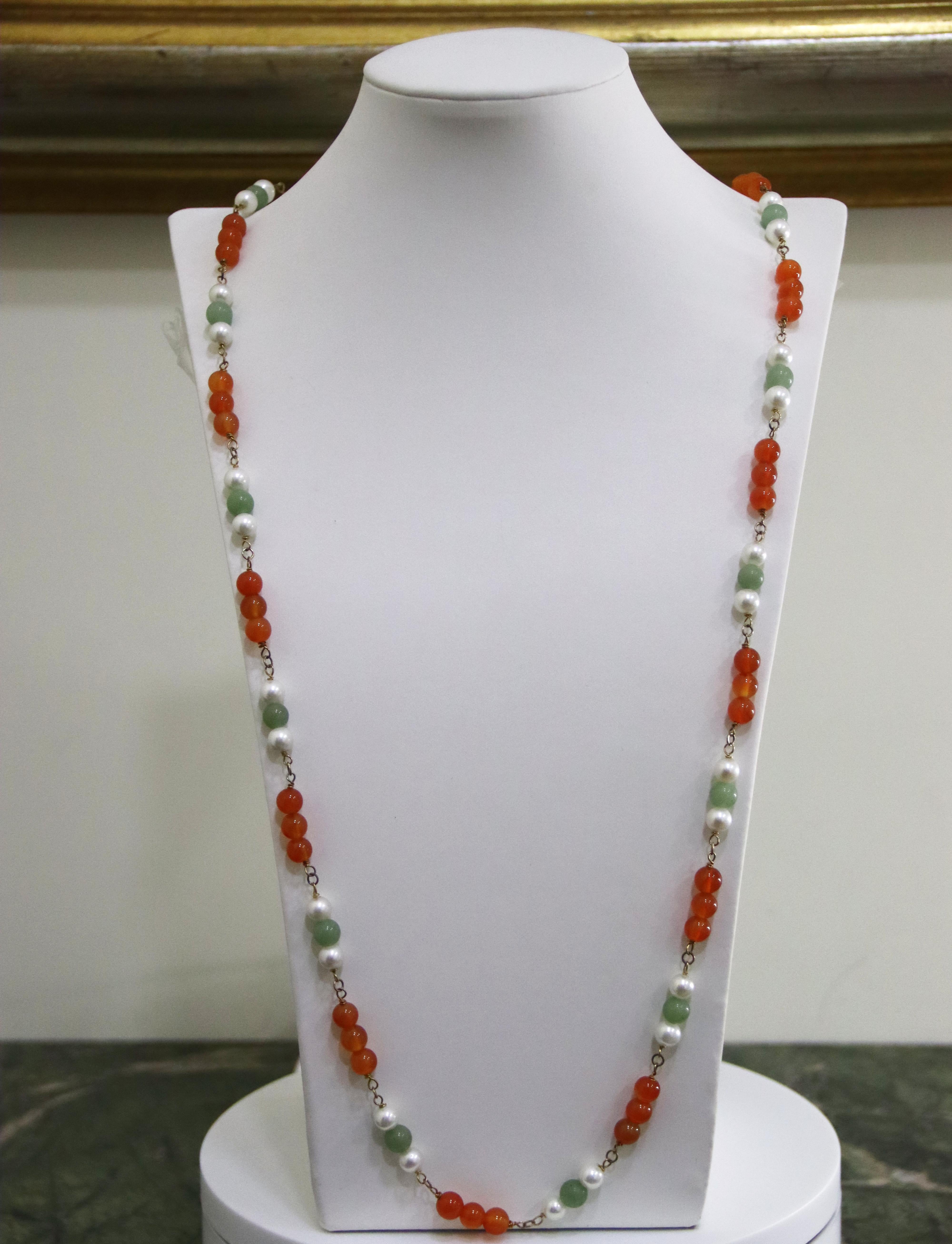 Handcraft Pearls 800 Thousandths Silver Carnelian Agate Beaded Necklace In New Condition For Sale In Marcianise, IT