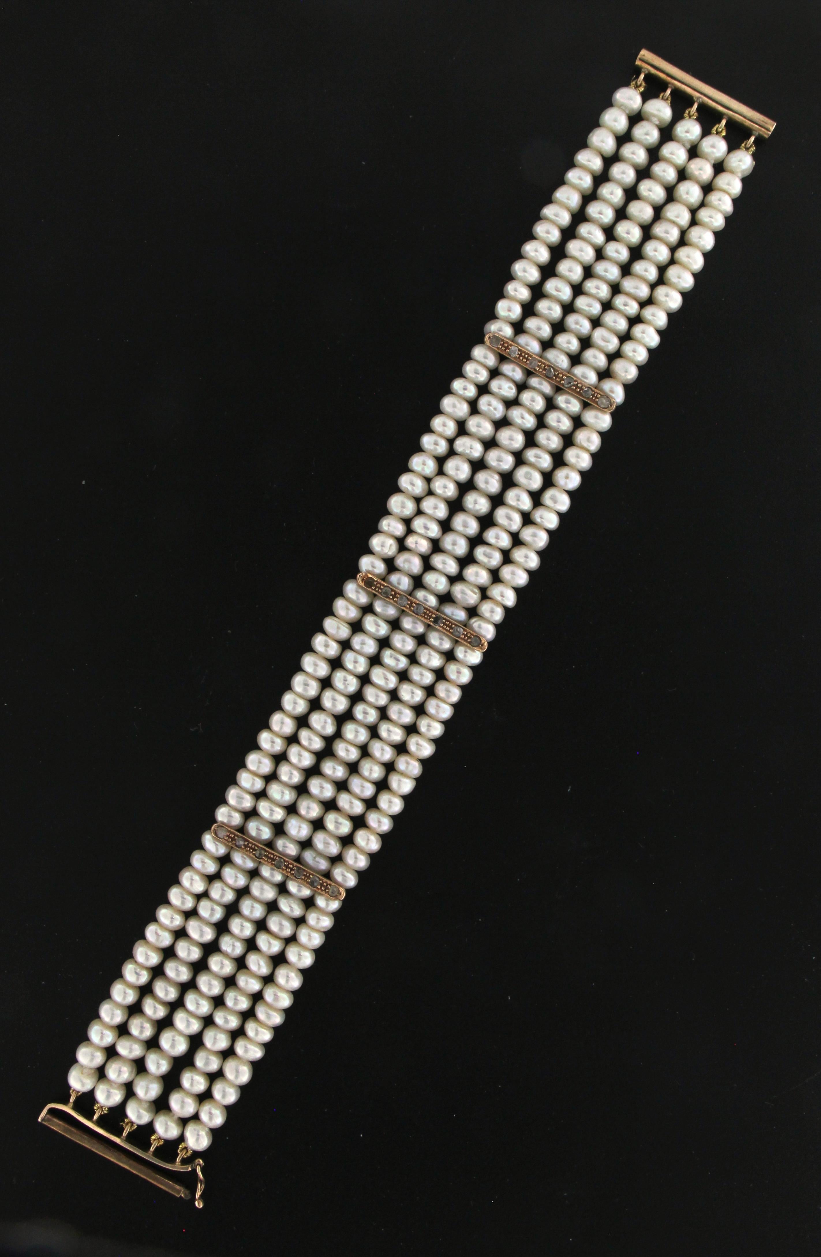 Artisan Handcraft Pearls 9 Karat Yellow Gold Diamonds Cuff Bracelet For Sale