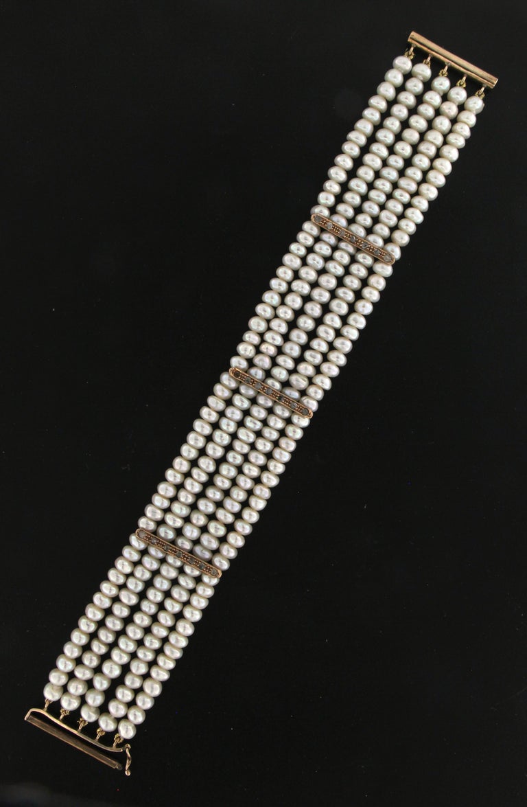 Handcraft Pearls 9 Karat Yellow Gold Diamonds Cuff Bracelet For Sale at