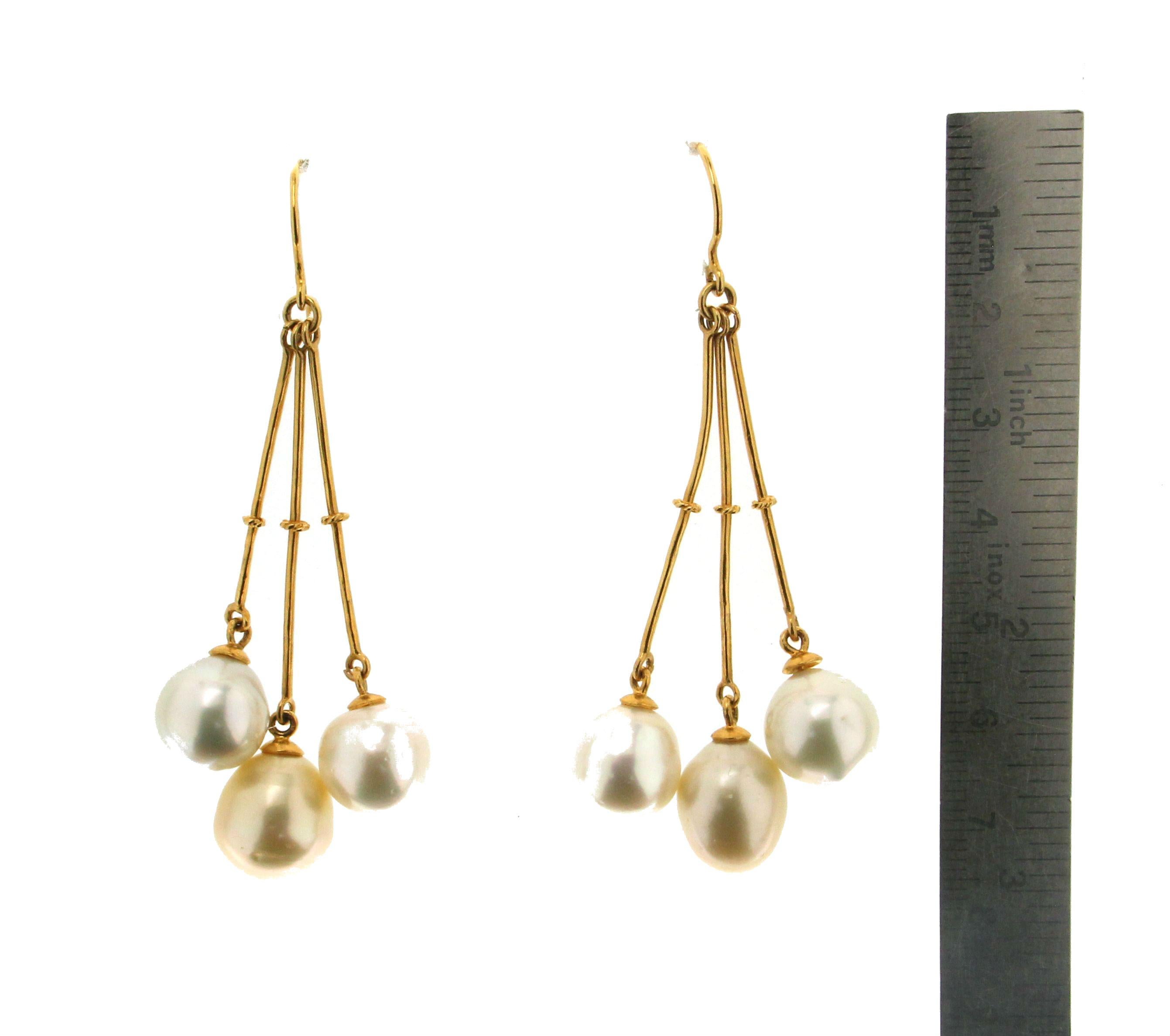 Artisan Handcraft Pearls 9 Karat Yellow Gold Drop Earrings For Sale