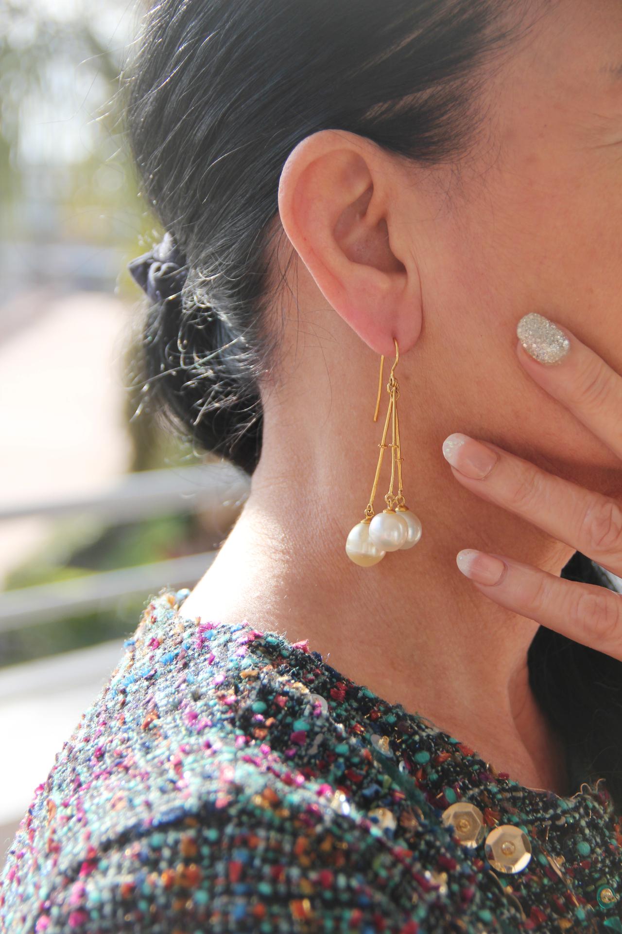 Women's or Men's Handcraft Pearls 9 Karat Yellow Gold Drop Earrings For Sale