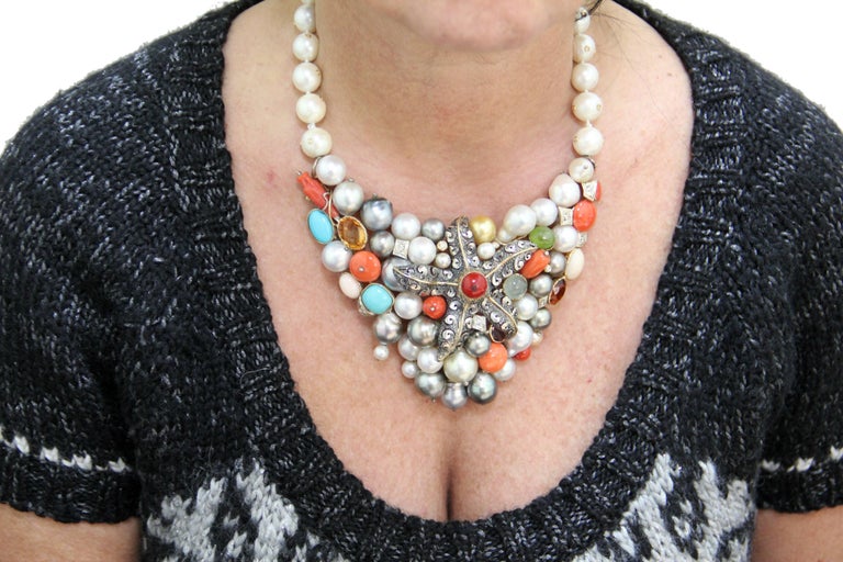 Brilliant Cut Handcraft Pearls Coral Turquoise 14 Karat Yellow Gold Choker Necklace For Sale