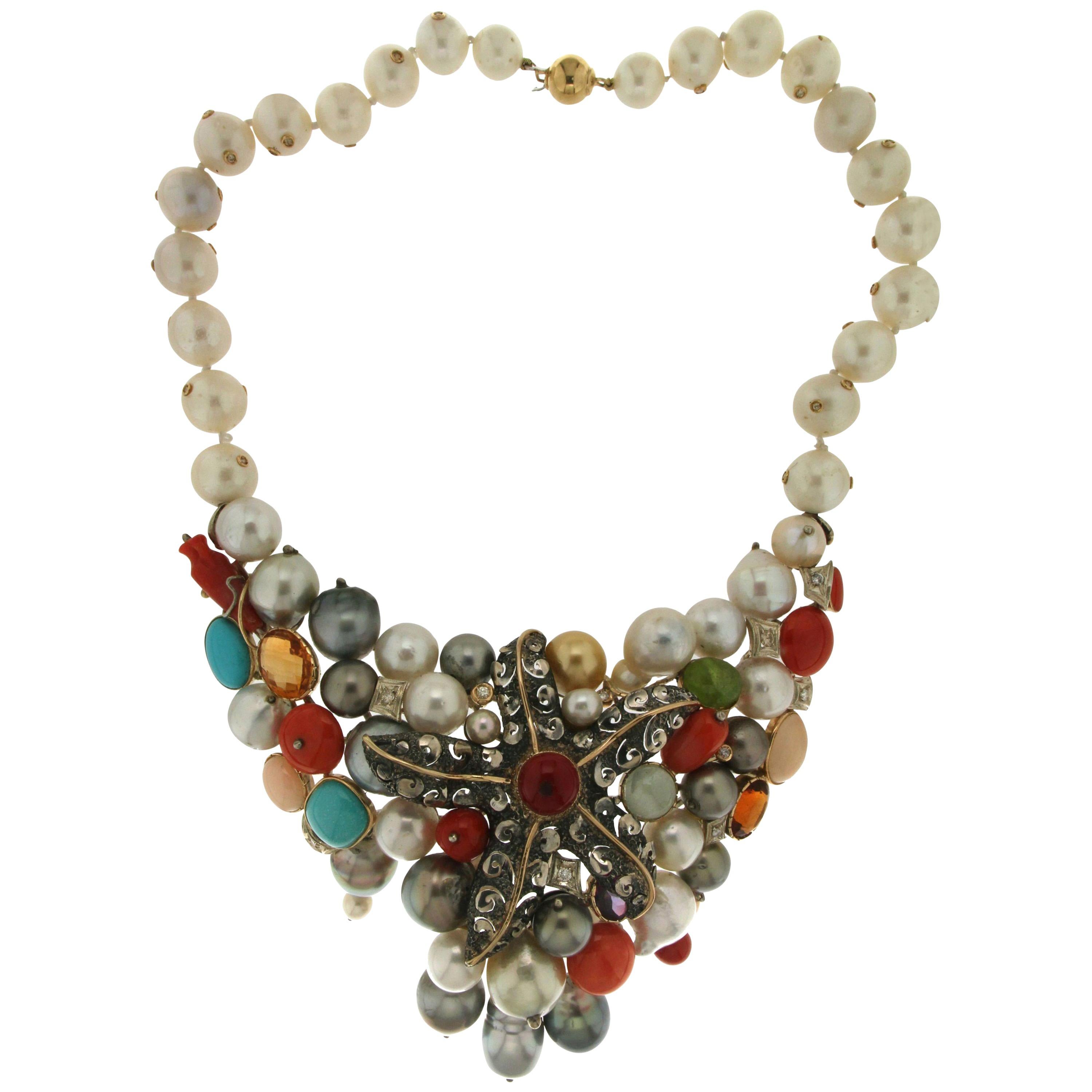 Collier ras du cou artisanal en or jaune 14 carats avec perles, corail et turquoises