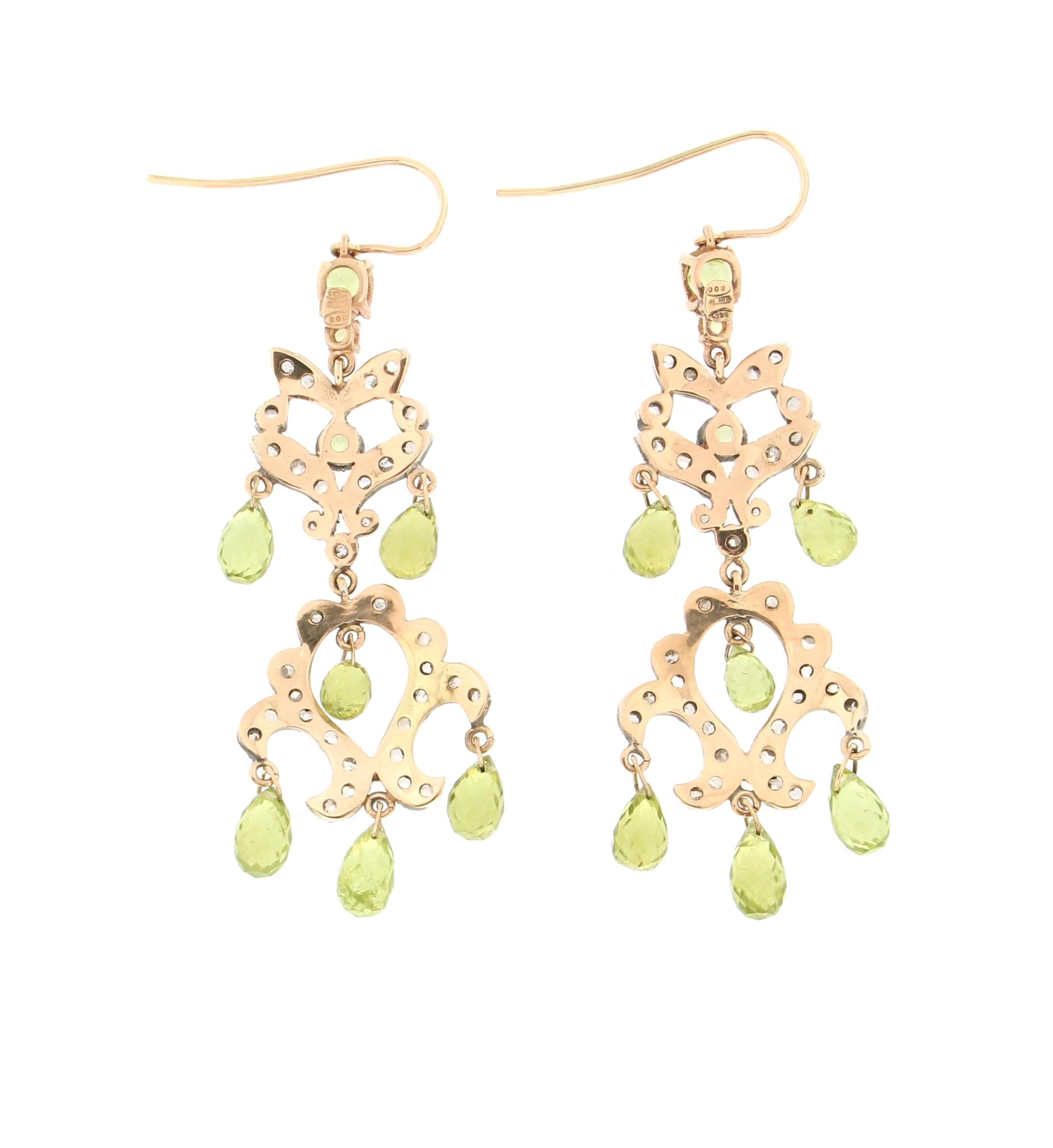 Artisan Handcraft Peridot 14 Karat Yellow Gold and Silver Diamonds Drop Earrings For Sale