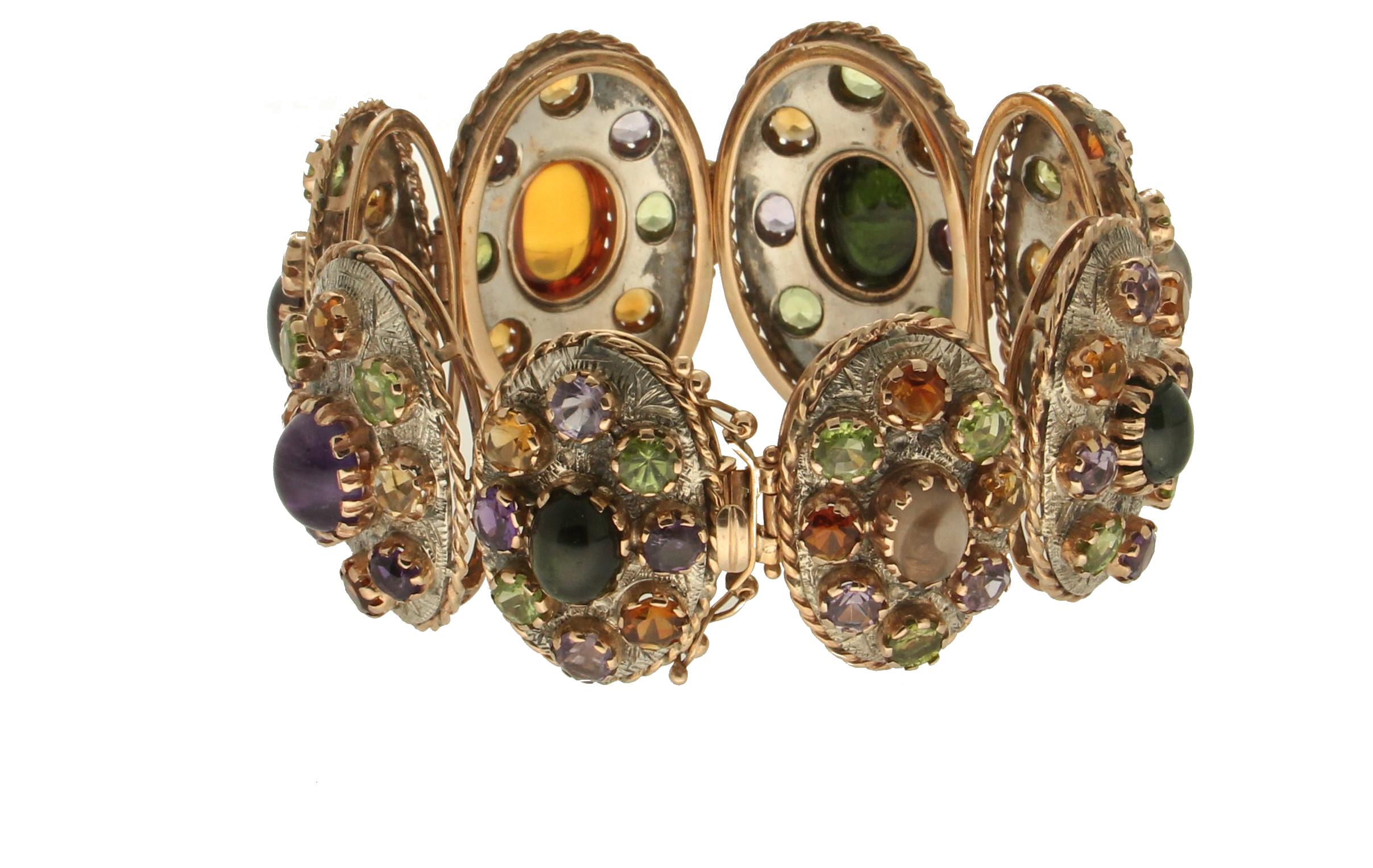 Artisan Bracelet manchette artisanal en or jaune 14 carats avec péridots et citrine en vente