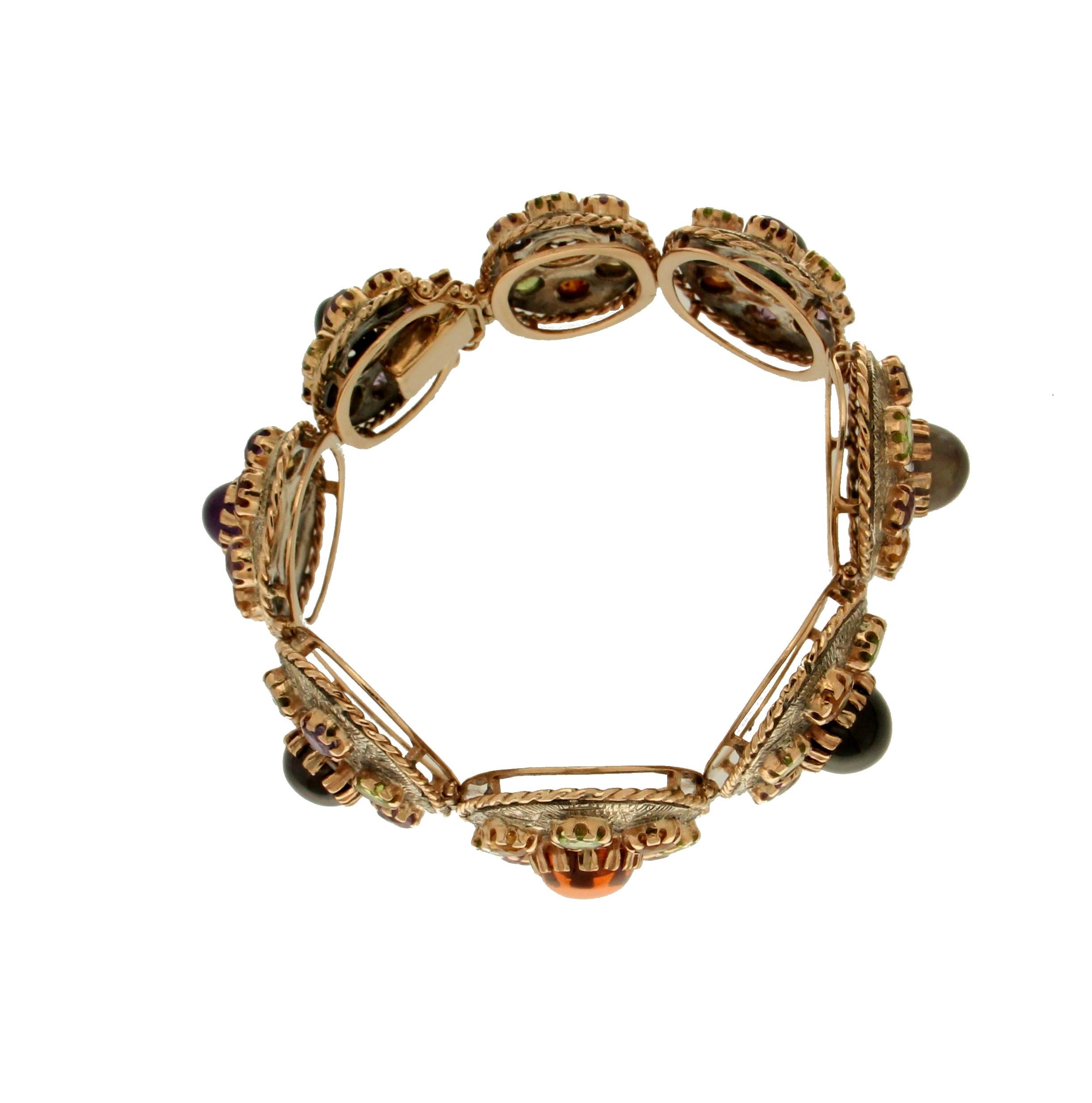 Bracelet manchette artisanal en or jaune 14 carats avec péridots et citrine Unisexe en vente