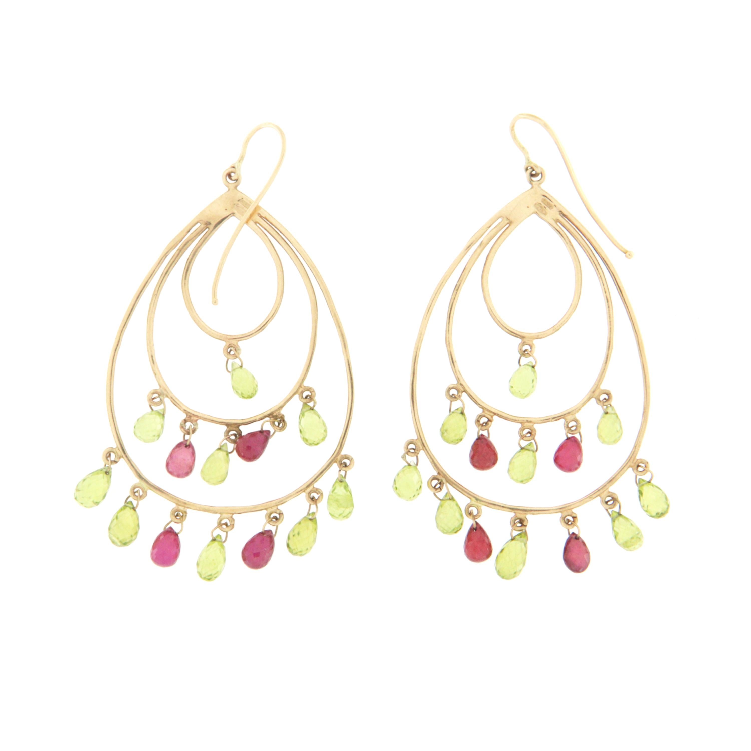 Artisan Peridot Tourmaline 14 Karat Yellow Gold Drop Earrings For Sale