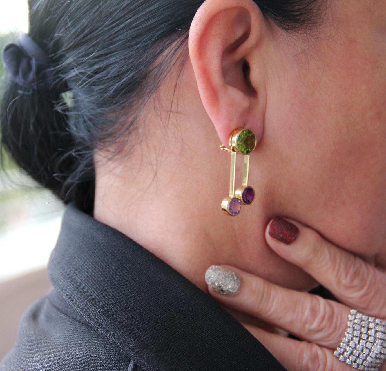 Women's or Men's Handcraft Peridot 18 Karat Yellow Gold Amethyst Drop Earrings