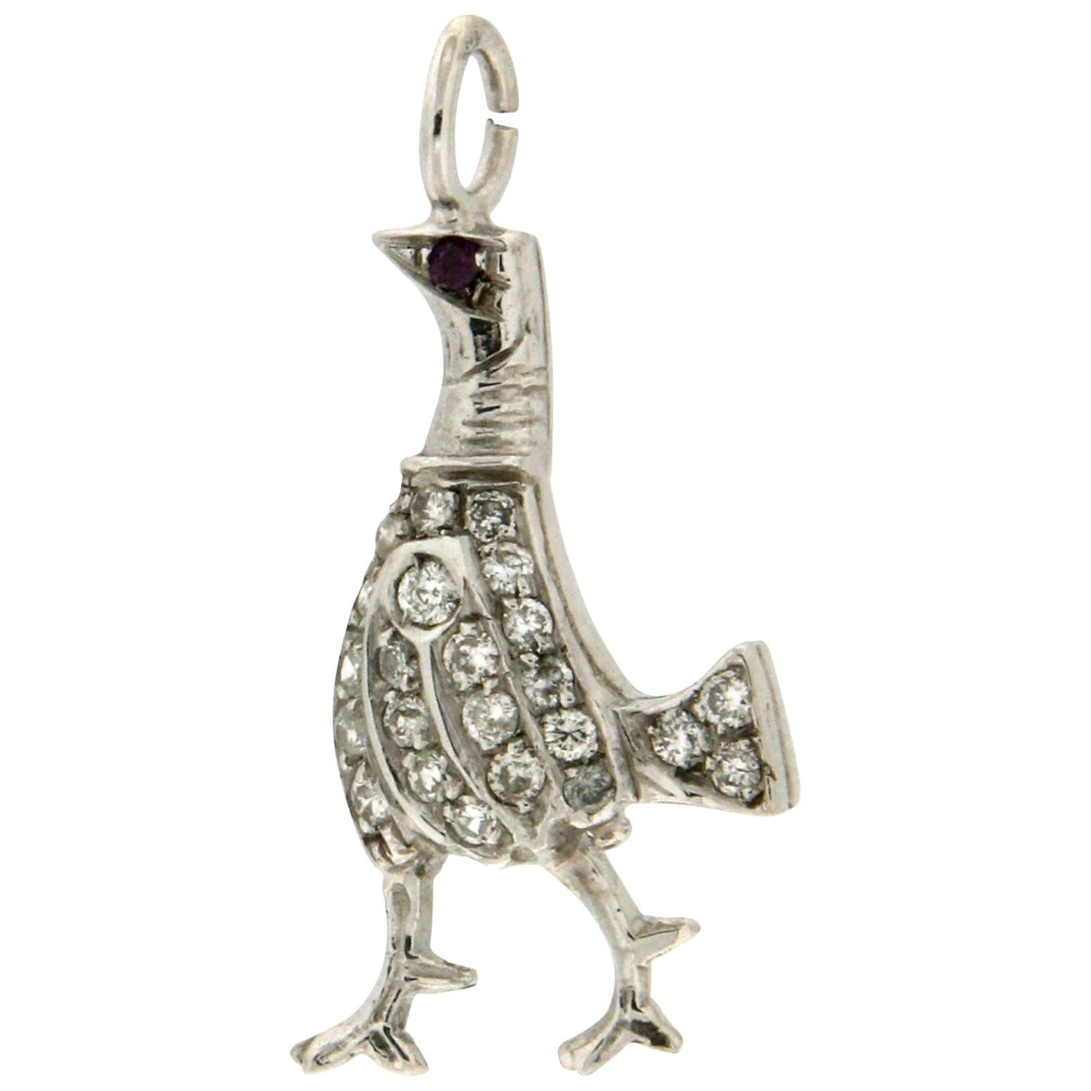 Handcraft Pheasant 14 Karat White Gold Diamonds Ruby Pendant Necklace For Sale