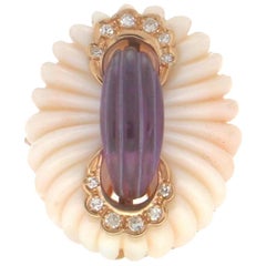 Handcraft Pink Coral 14 Karat Yellow Gold Amethyst Diamonds Cocktail Ring