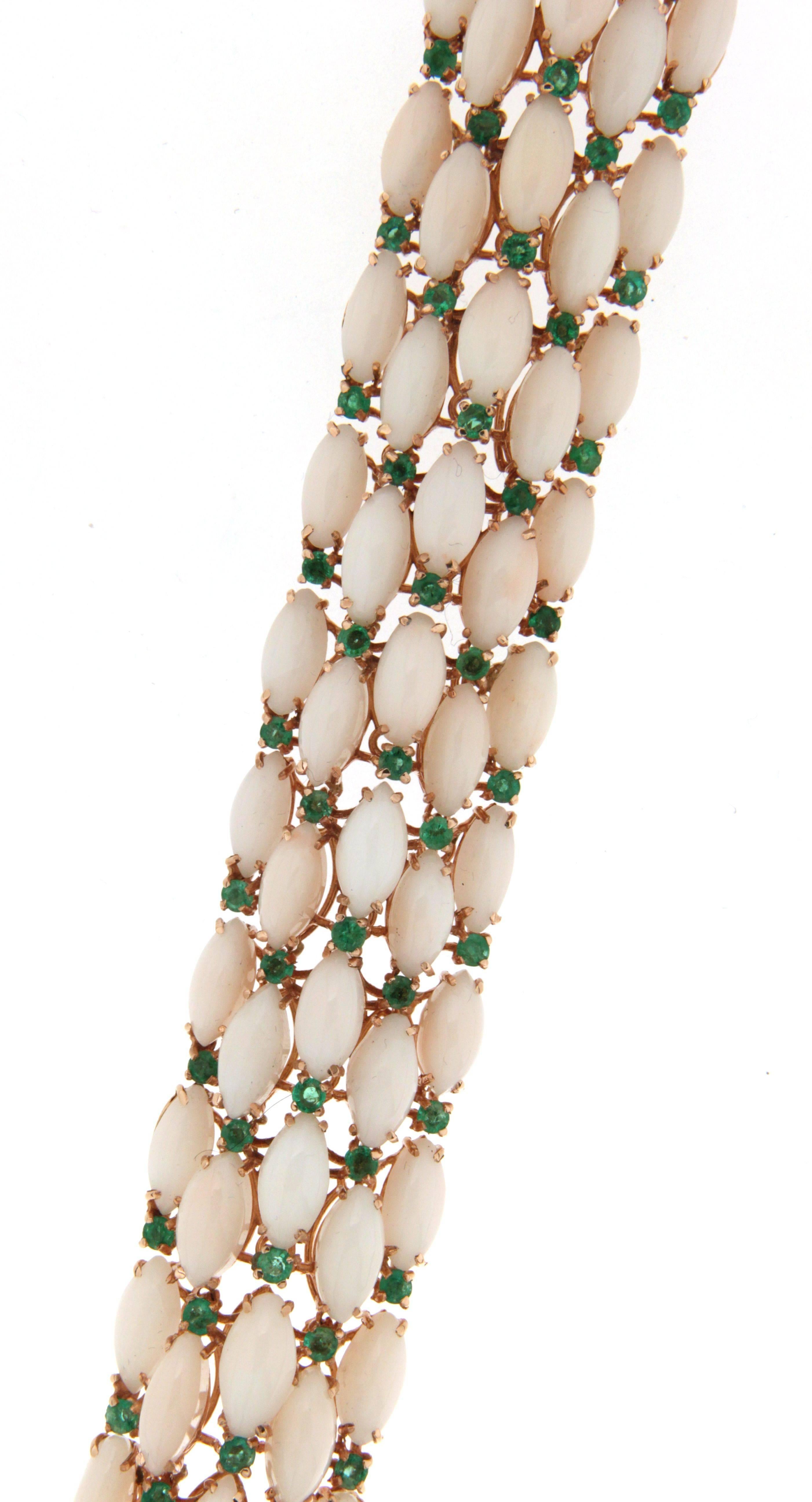 Women's Handcraft Pink Coral 14 Karat Yellow Gold Emeralds Cuff Bracelet For Sale