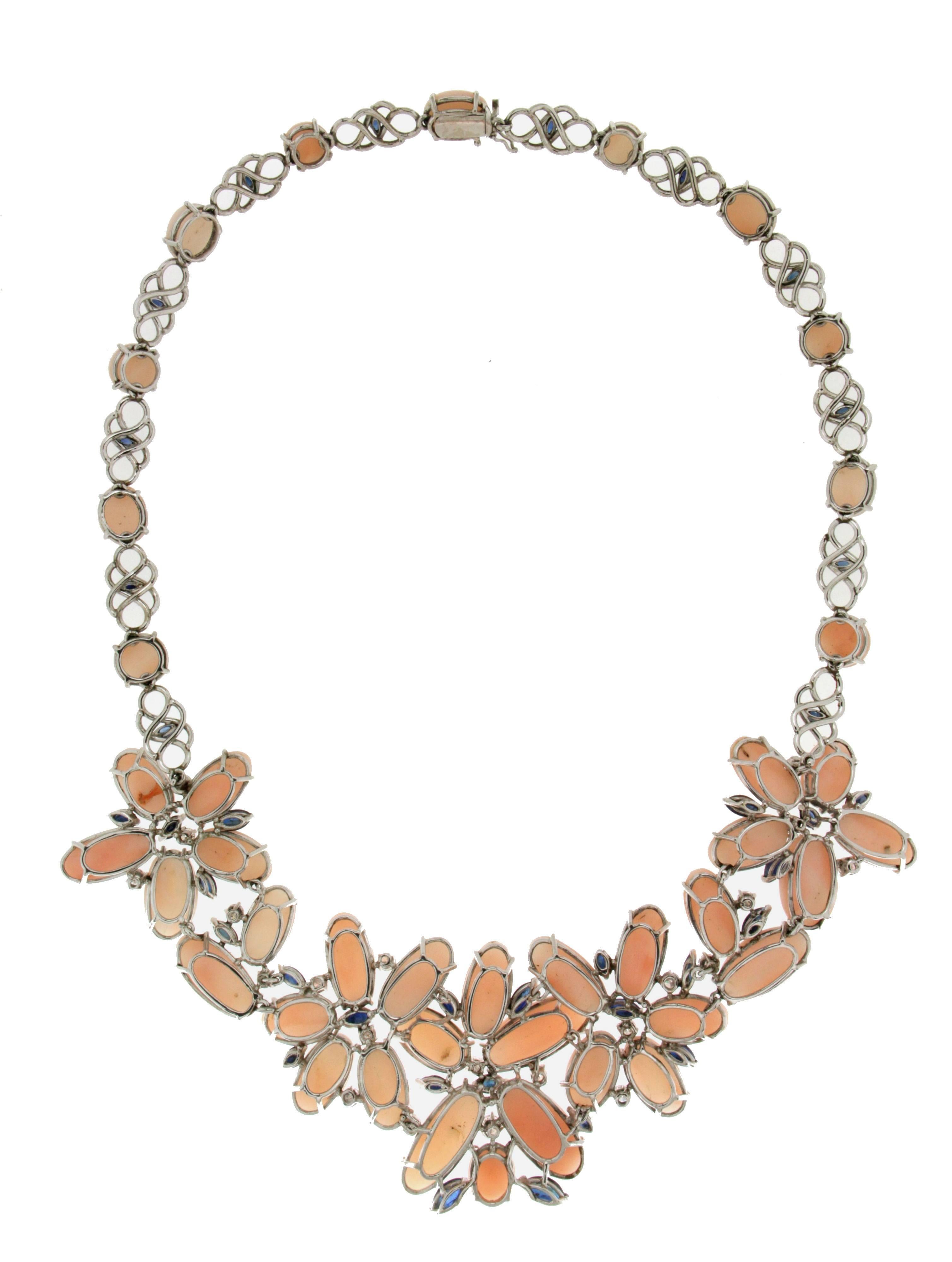Artisan Handcraft Angel Skin Coral 18 Karat White Gold Diamonds Choker Necklace For Sale