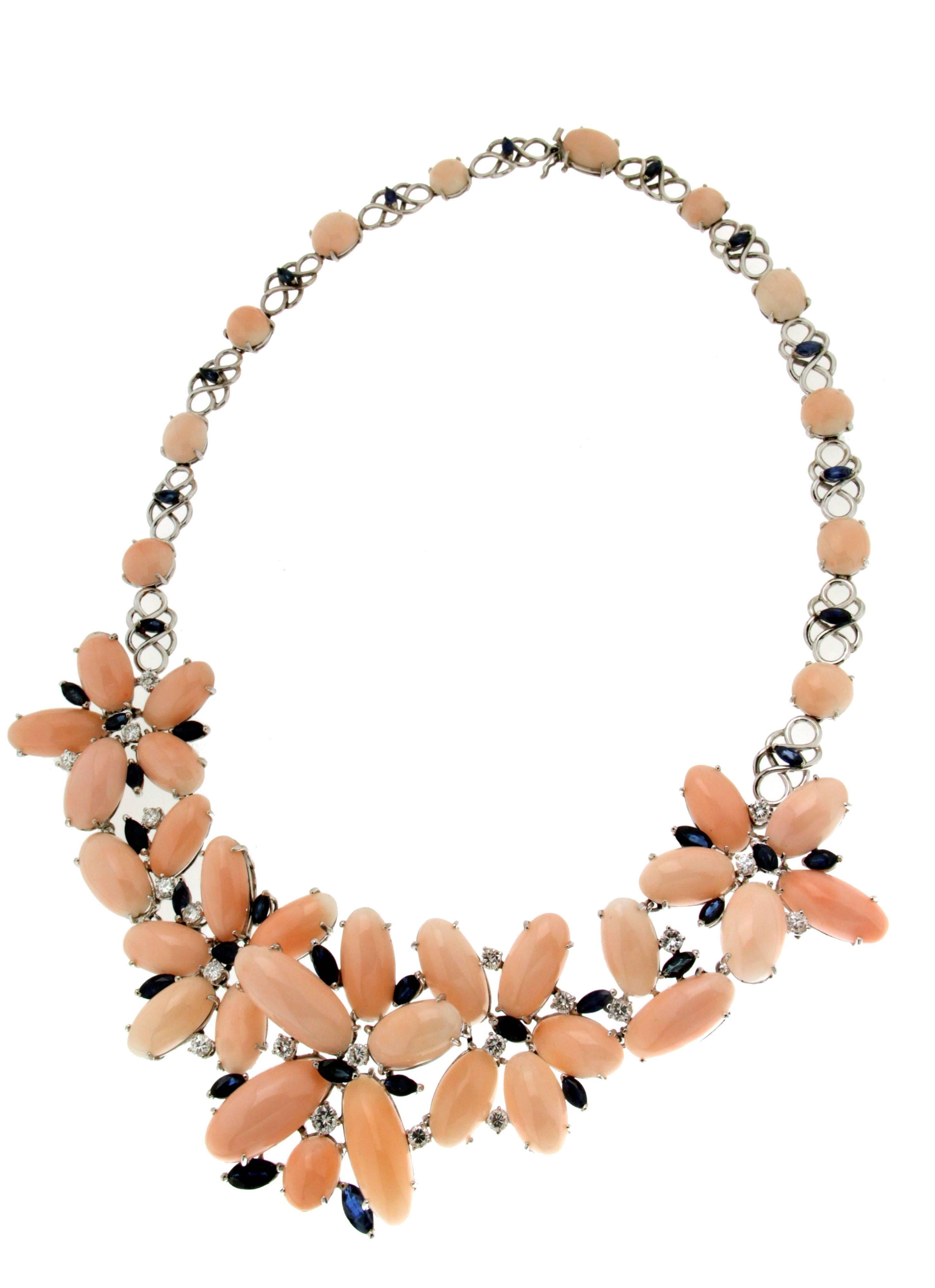 Mixed Cut Handcraft Angel Skin Coral 18 Karat White Gold Diamonds Choker Necklace For Sale