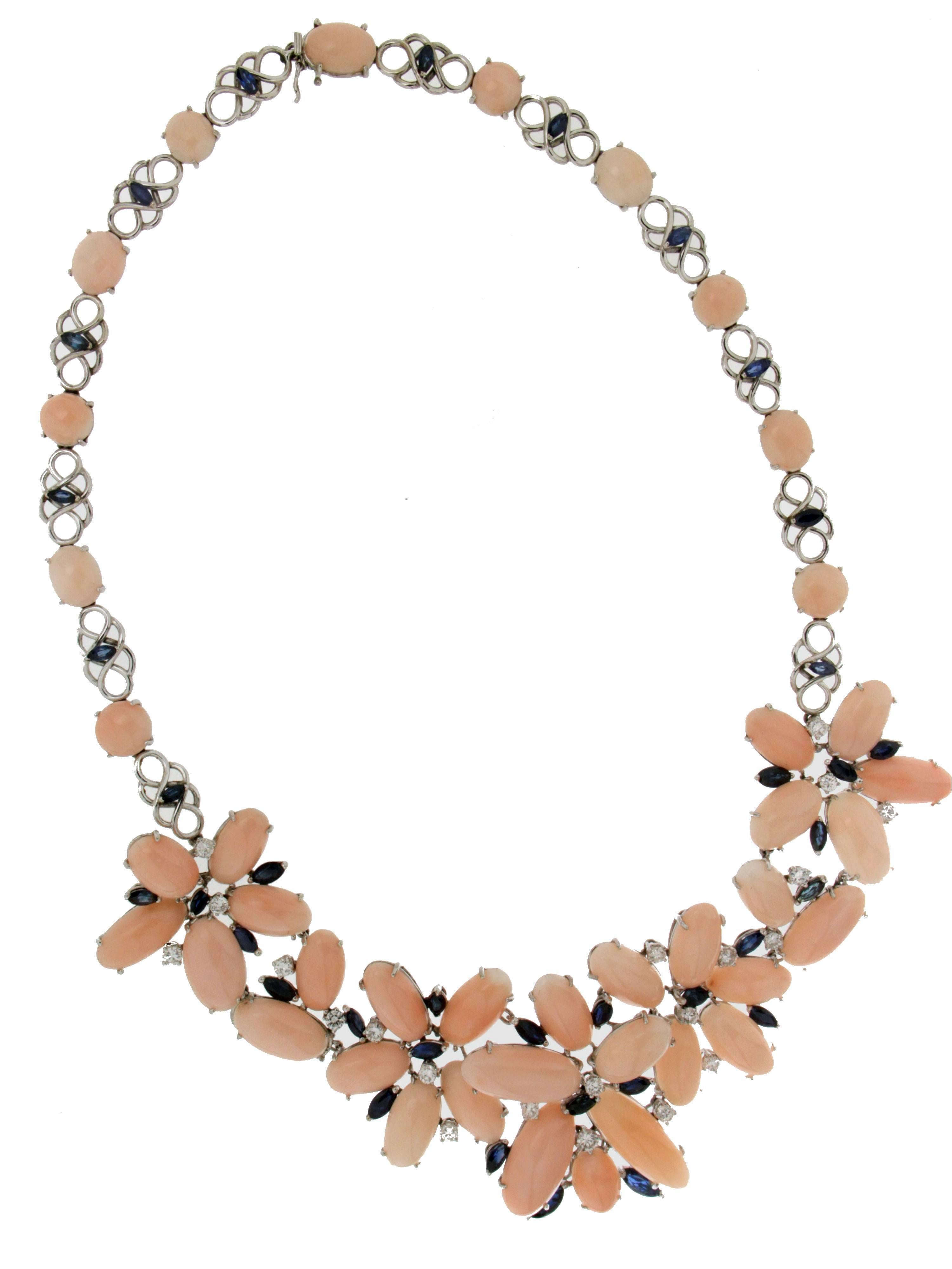 Women's or Men's Handcraft Angel Skin Coral 18 Karat White Gold Diamonds Choker Necklace For Sale