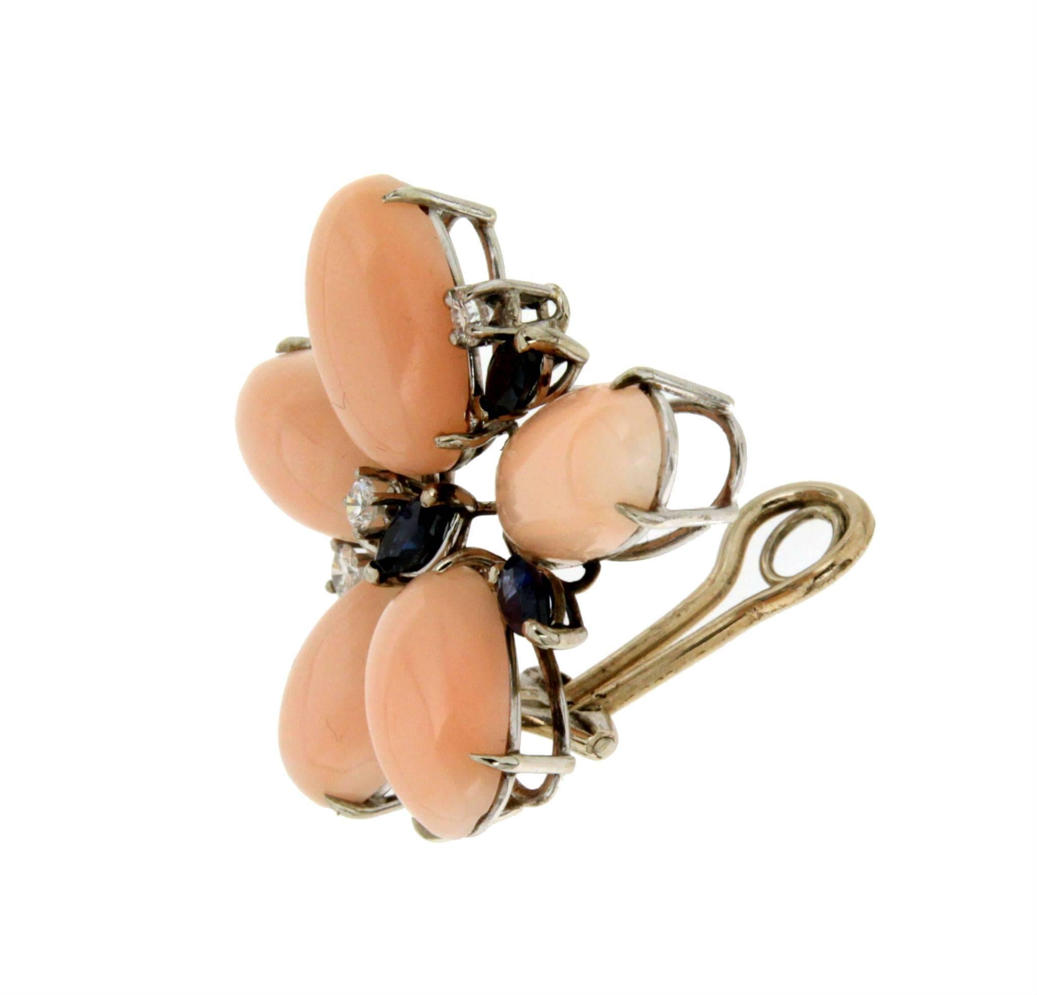 Artisan Handcraft Pink Coral 18 Karat White Gold Diamonds Sapphires Stud Earrings For Sale