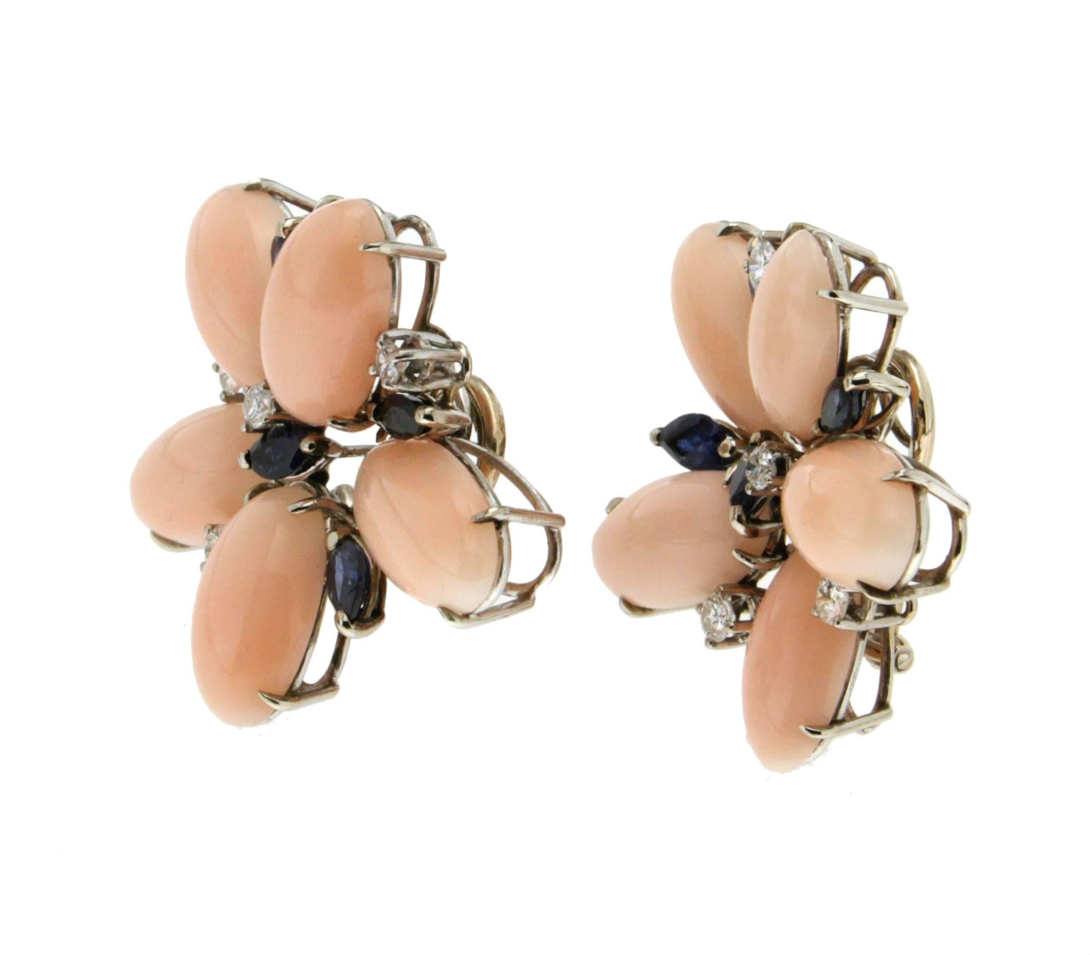 Women's or Men's Handcraft Pink Coral 18 Karat White Gold Diamonds Sapphires Stud Earrings For Sale