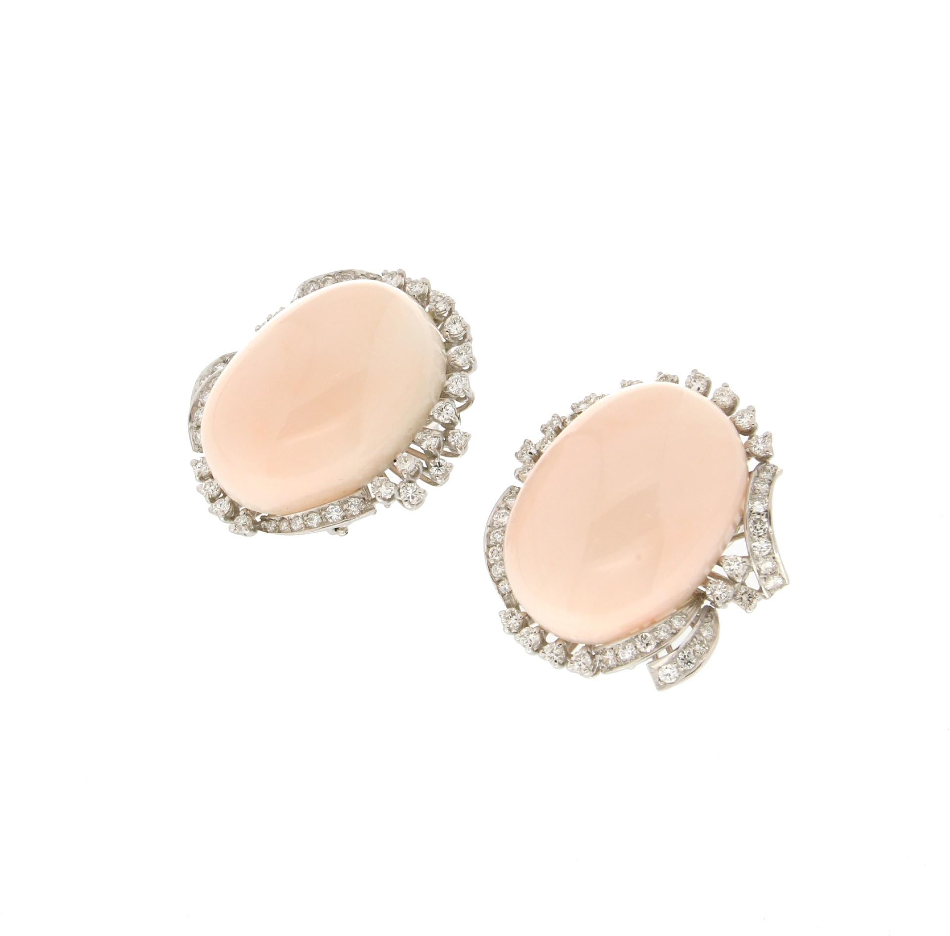 Artisan Handcraft Pink Coral 18 Karat White Gold Diamonds Stud Earrings For Sale