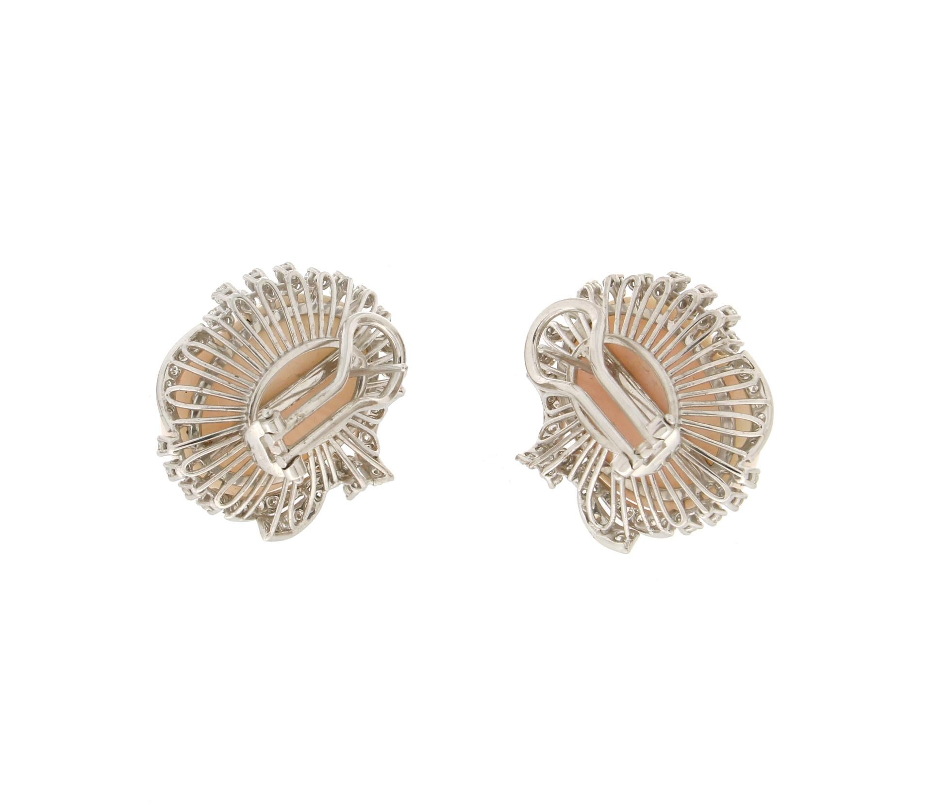 Brilliant Cut Handcraft Pink Coral 18 Karat White Gold Diamonds Stud Earrings For Sale