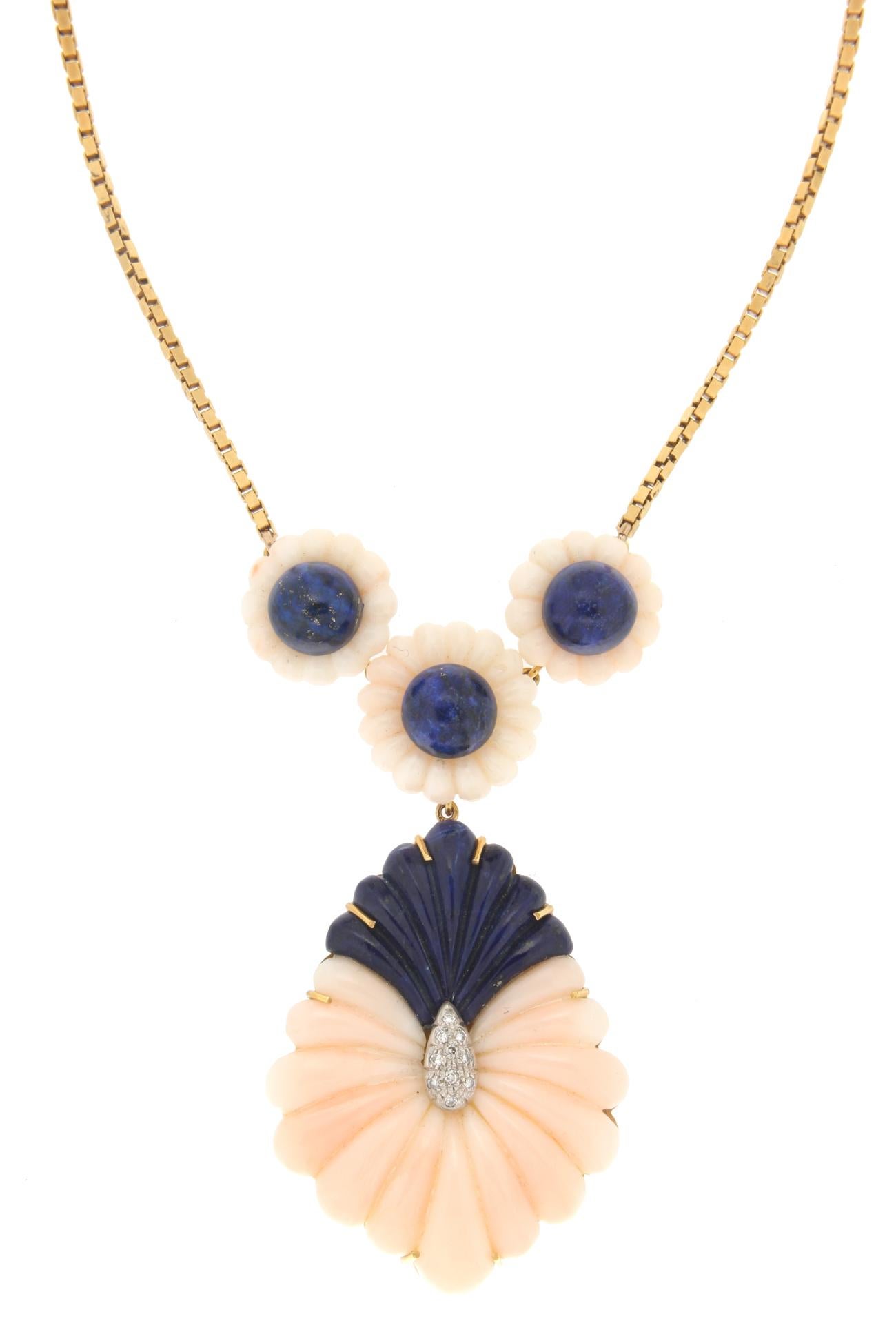 Artisan Handcraft Pink Coral 18 Karat Yellow Gold Diamonds Lapis Lazuli Pendant Necklace For Sale
