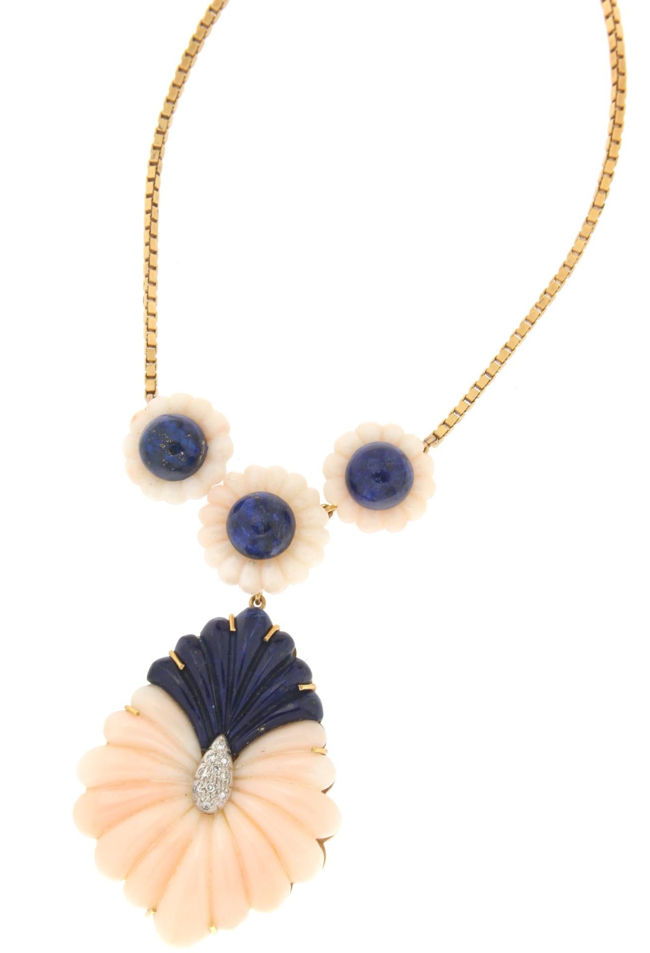 Brilliant Cut Handcraft Pink Coral 18 Karat Yellow Gold Diamonds Lapis Lazuli Pendant Necklace For Sale