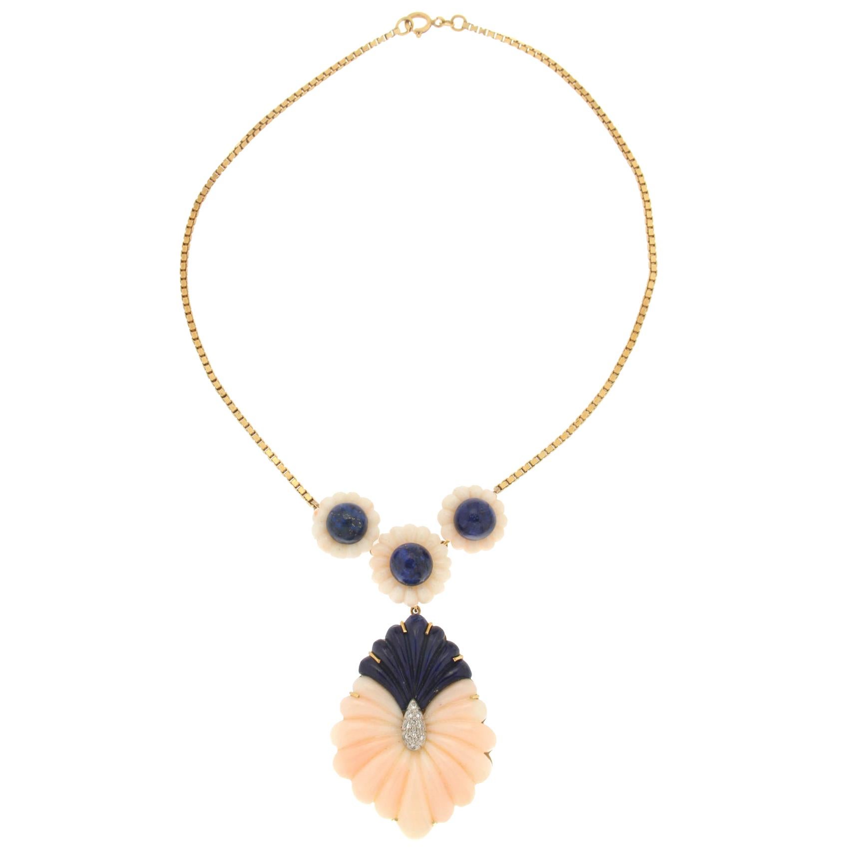 Handcraft Pink Coral 18 Karat Yellow Gold Diamonds Lapis Lazuli Pendant Necklace
