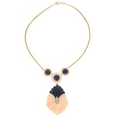 Vintage Handcraft Pink Coral 18 Karat Yellow Gold Diamonds Lapis Lazuli Pendant Necklace
