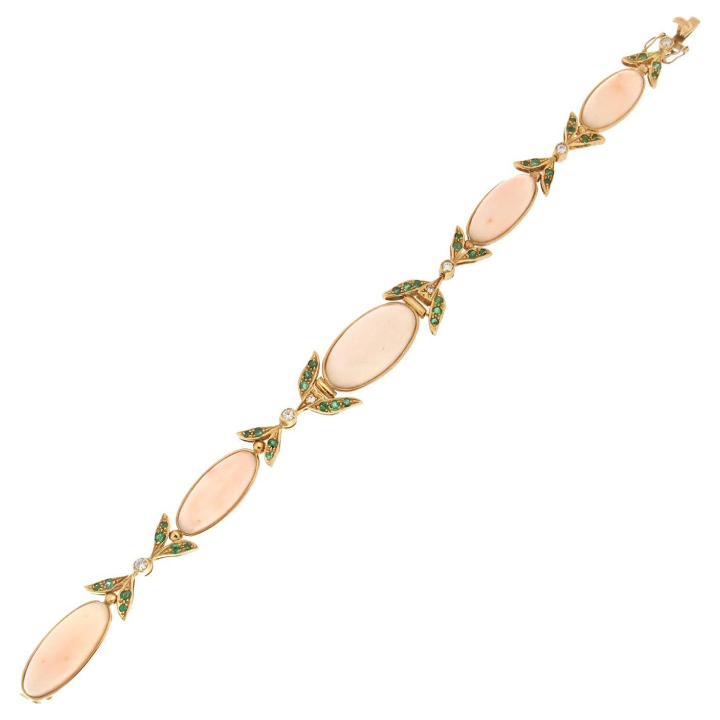 Handcraft Pink Coral 18 Karat Yellow Gold Emerald Diamonds Cuff Bracelet