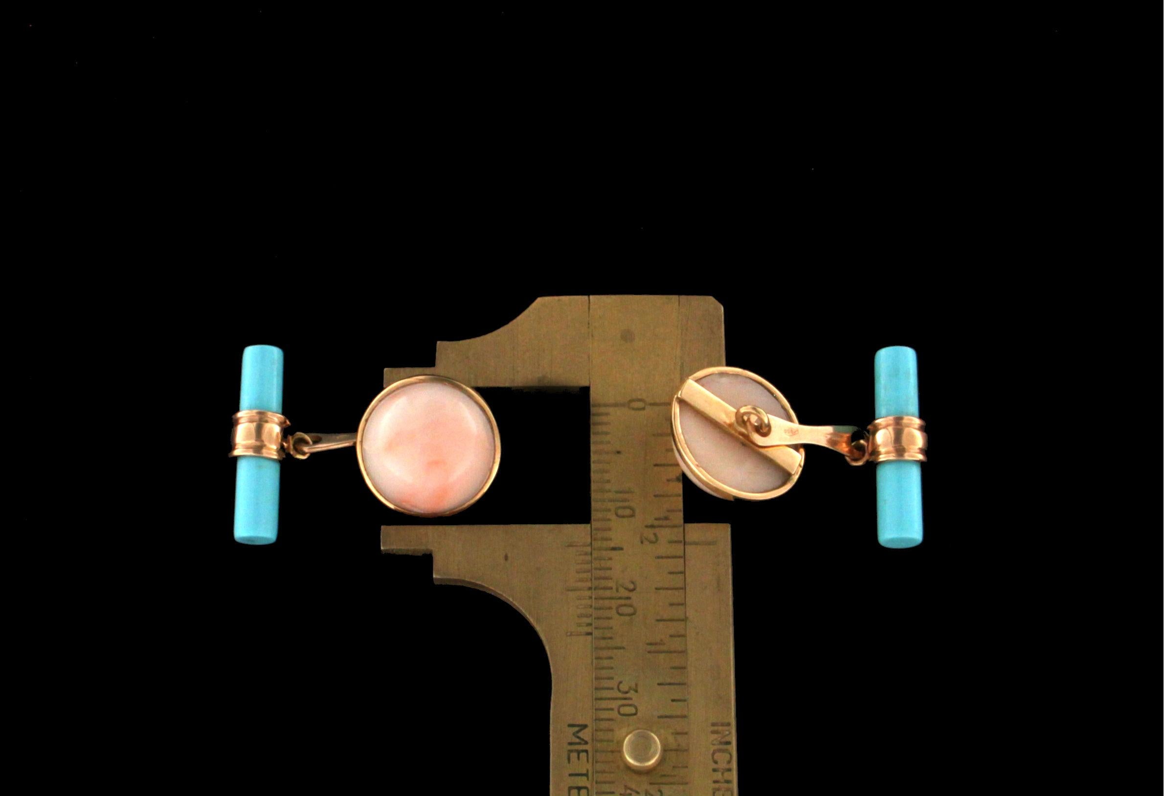 Mixed Cut Handcraft Pink Coral 18 Karat Yellow Gold Turquoise Barrels Cufflinks For Sale