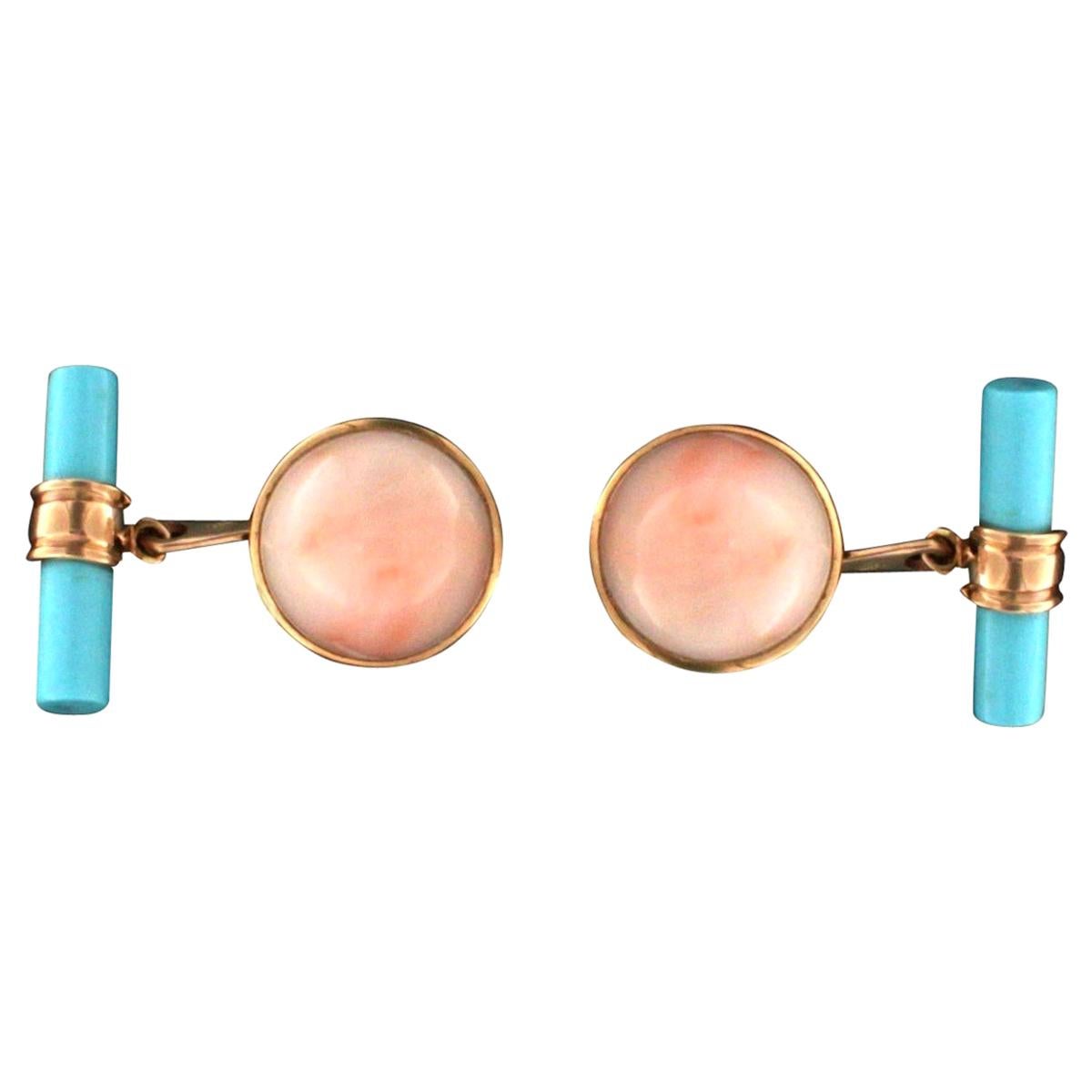 Handcraft Pink Coral 18 Karat Yellow Gold Turquoise Barrels Cufflinks