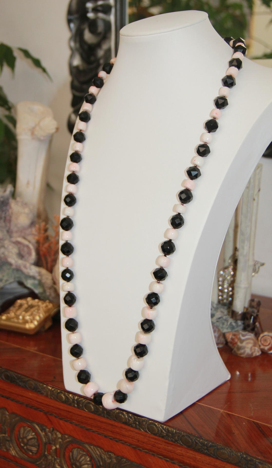 Artisan Handcraft Pink Coral 800 Karat Silver Onyx Beaded Necklace For Sale