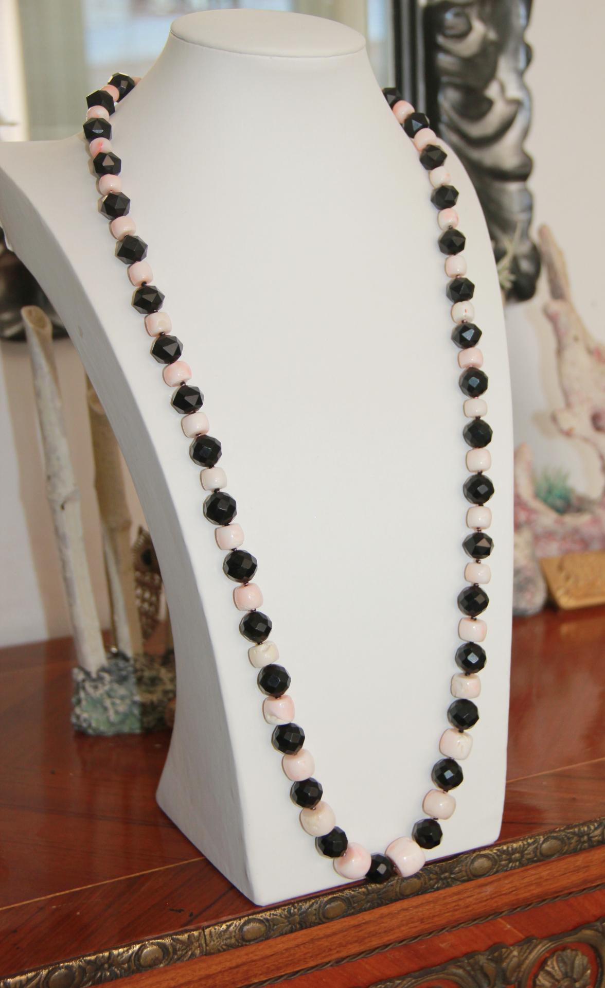 Mixed Cut Handcraft Pink Coral 800 Karat Silver Onyx Beaded Necklace For Sale