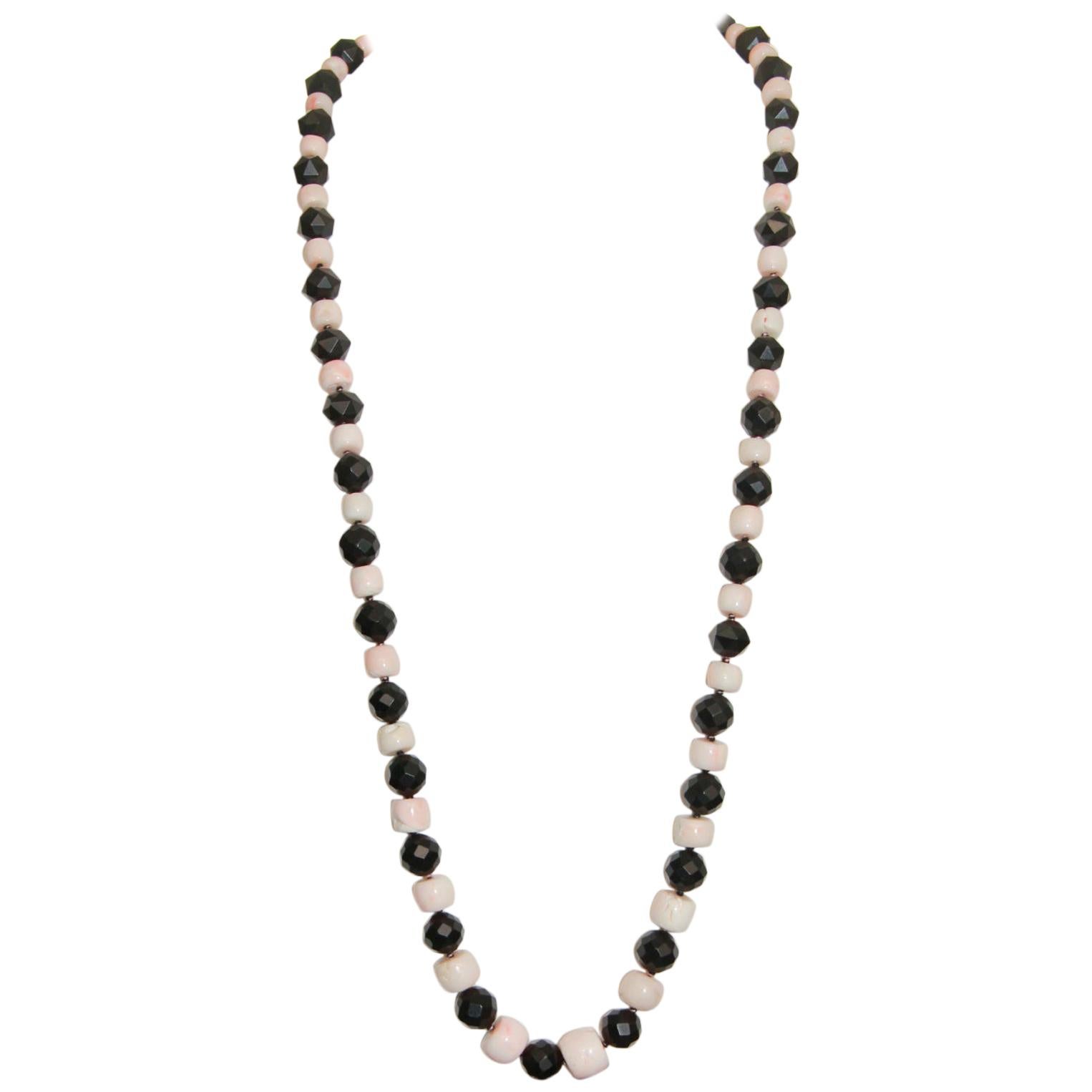 Handcraft Pink Coral 800 Karat Silver Onyx Beaded Necklace For Sale
