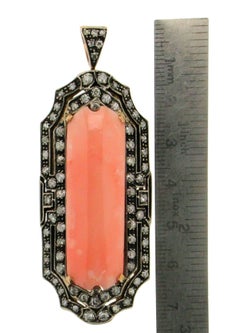Handcraft Pink Opal 14 Karat Yellow Gold Diamonds Pendant