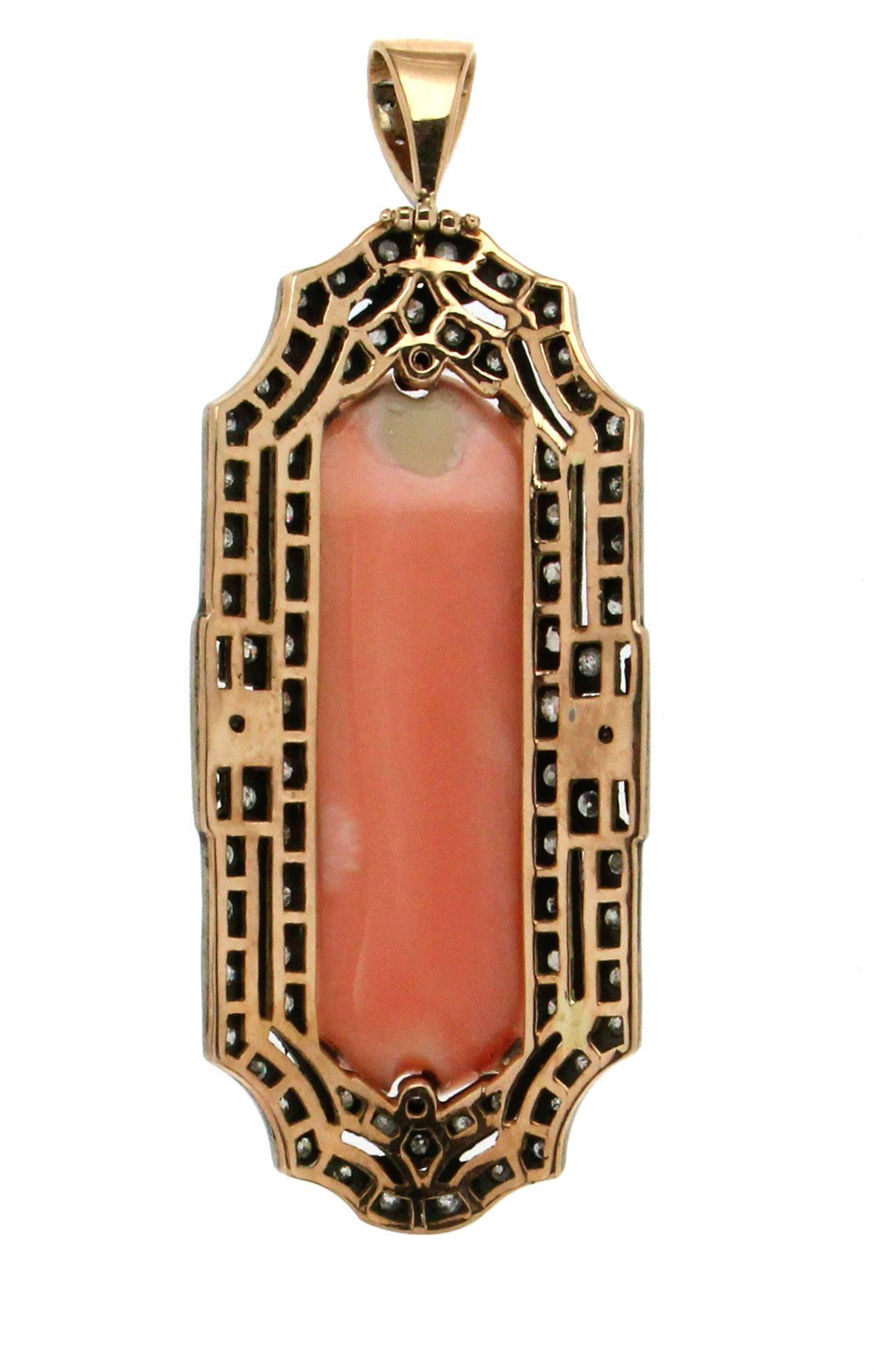 Artisan Handcraft Pink Opal 14 Karat Yellow Gold Diamonds Pendant Necklace For Sale