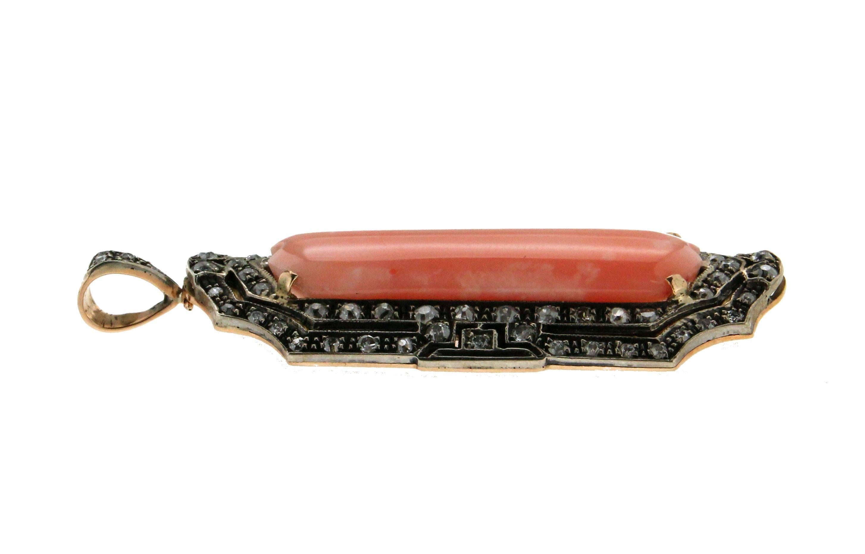 Rose Cut Handcraft Pink Opal 14 Karat Yellow Gold Diamonds Pendant Necklace For Sale