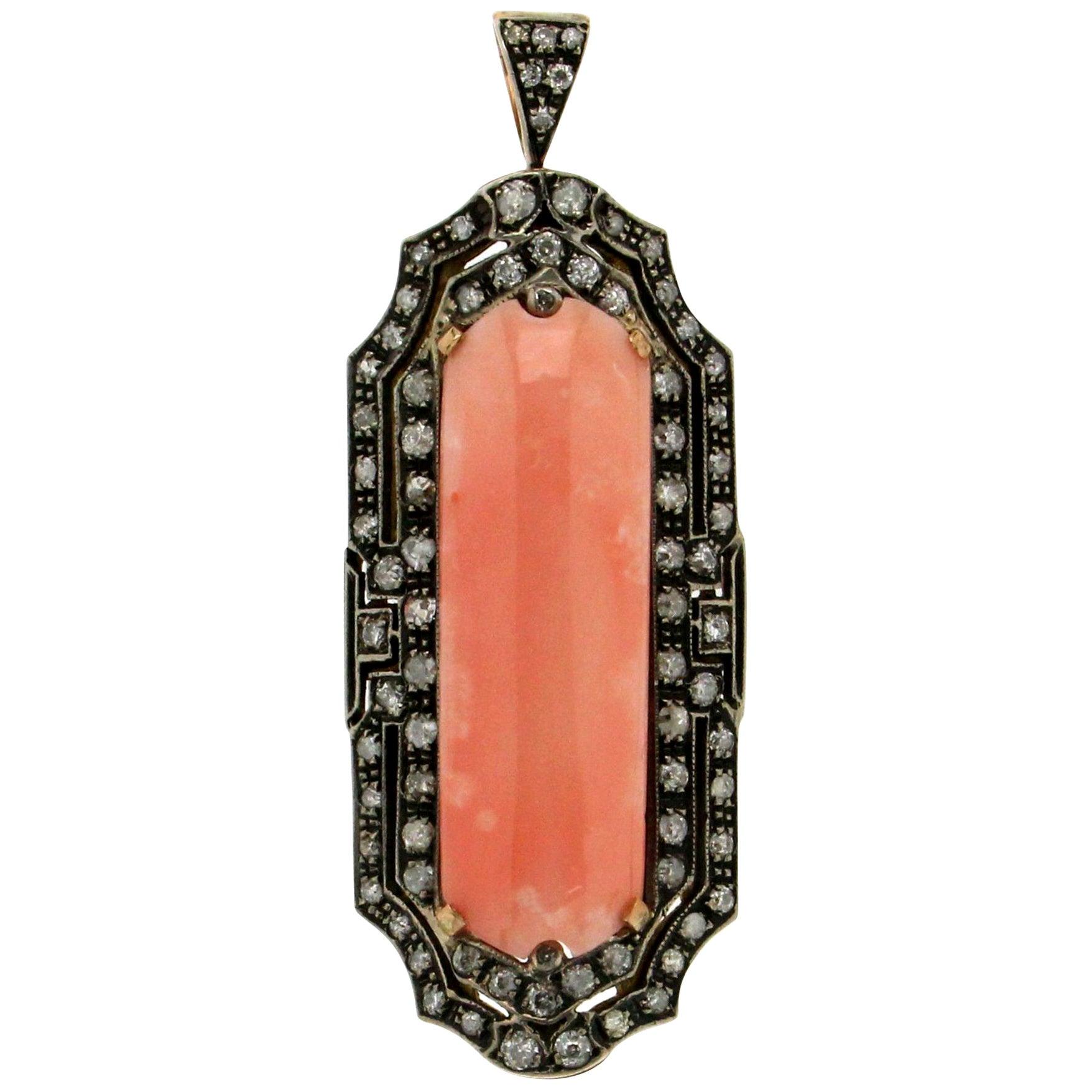 Handgefertigte Halskette mit Anhänger, rosa Opal 14 Karat Gelbgold Diamanten