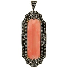 Handcraft Pink Opal 14 Karat Yellow Gold Diamonds Pendant Necklace