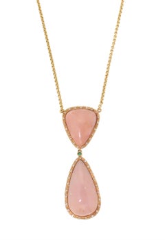 Handcraft Pink Opal 18 Karat Yellow Gold Diamonds Pendant Necklace