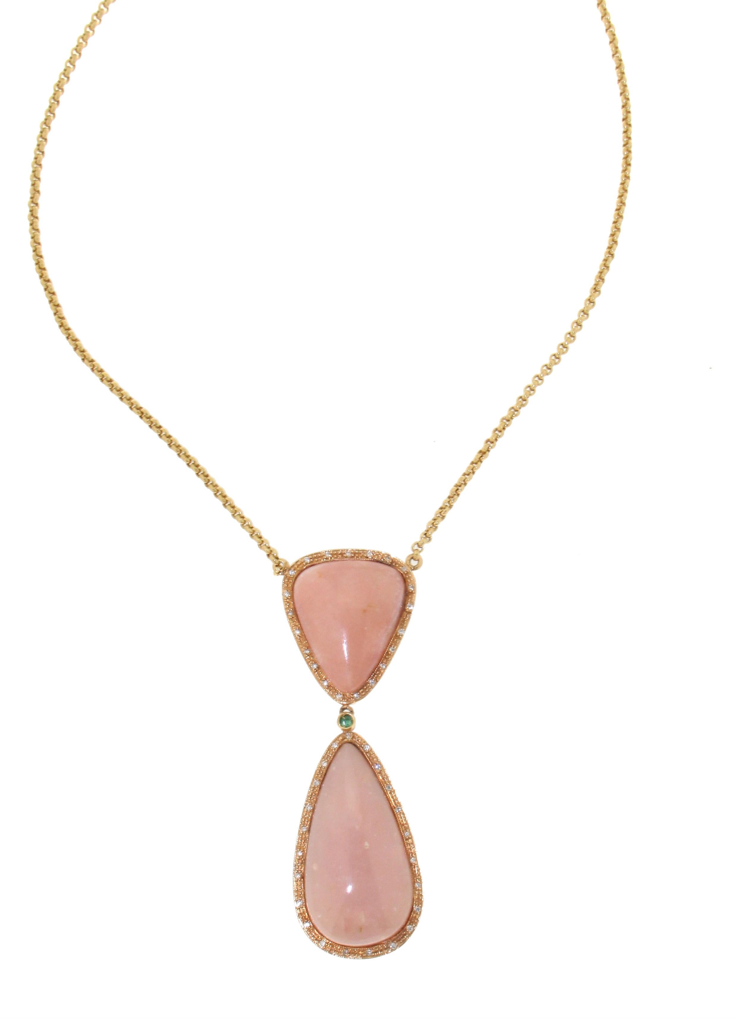 Artisan Handcraft Pink Opal 18 Karat Yellow Gold Diamonds Pendant Necklace