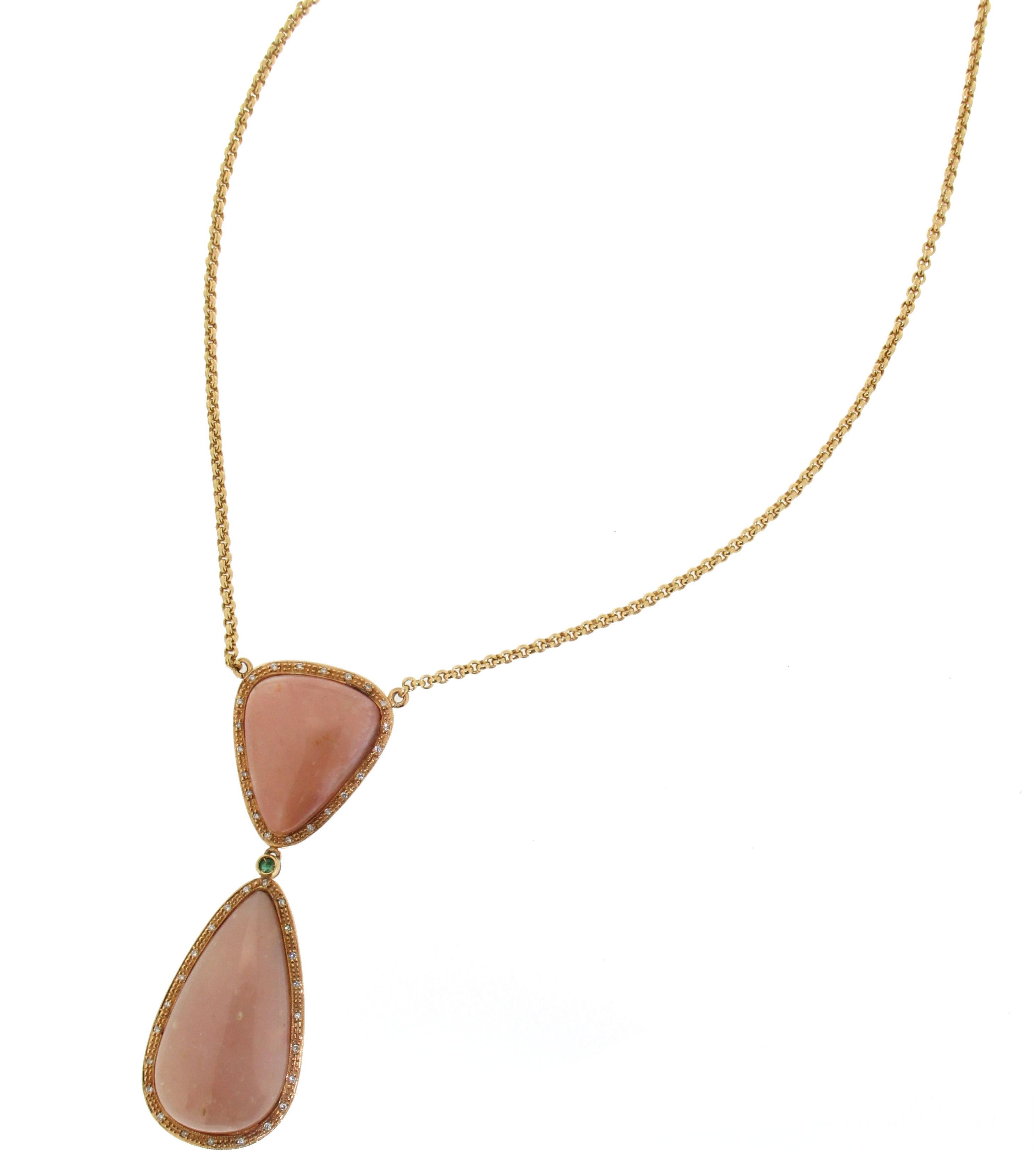 Brilliant Cut Handcraft Pink Opal 18 Karat Yellow Gold Diamonds Pendant Necklace