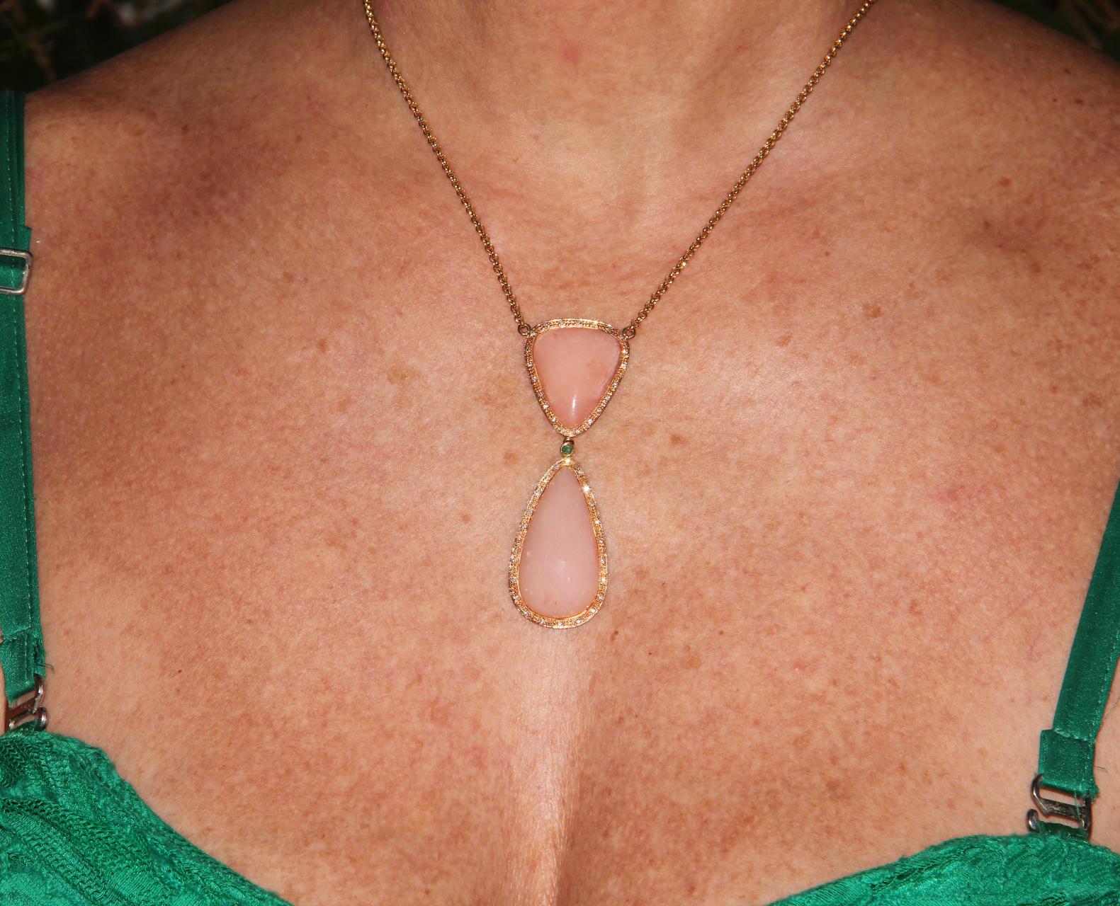 Handcraft Pink Opal 18 Karat Yellow Gold Diamonds Pendant Necklace 1